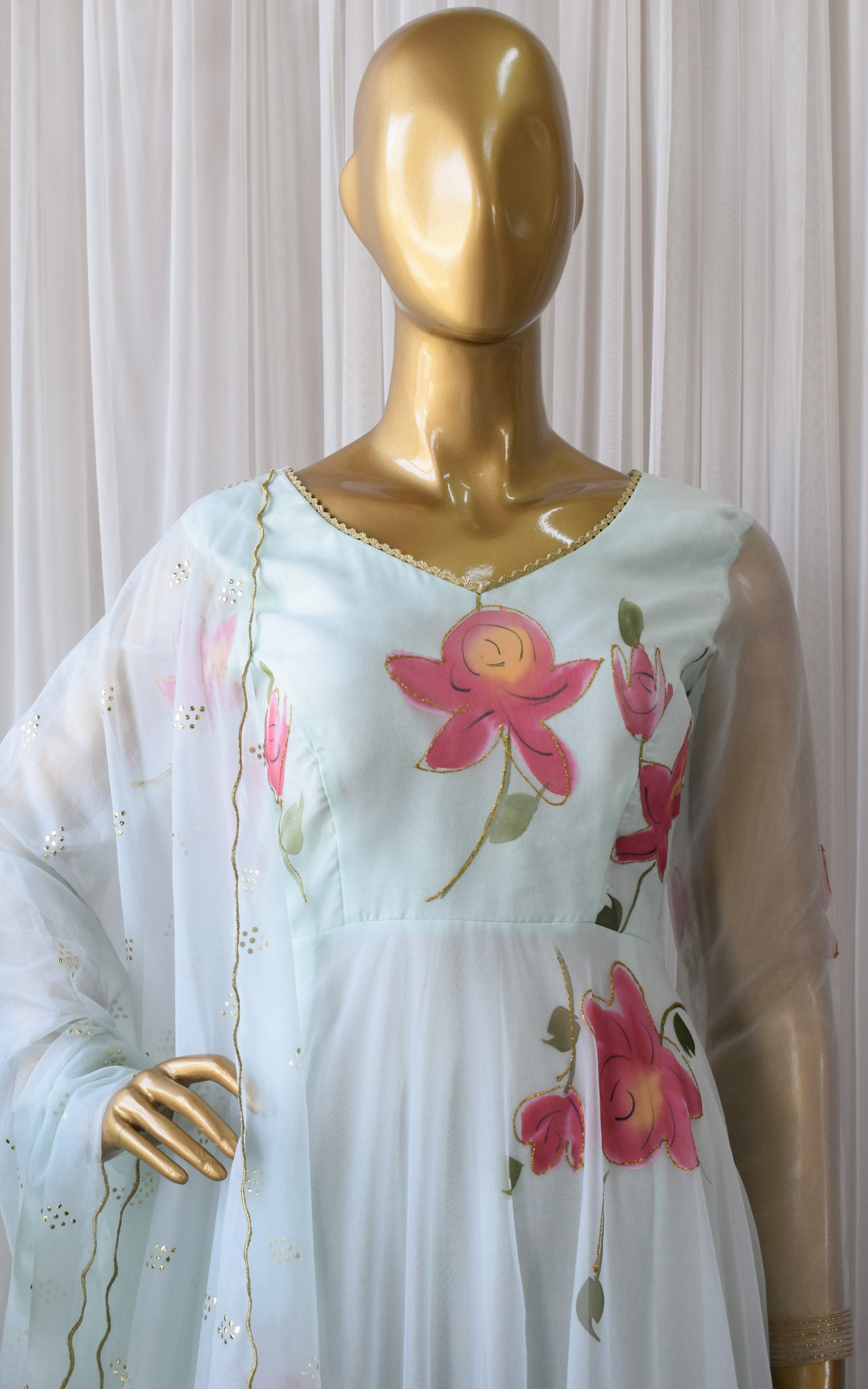 Sky Blue Hand Painted Organza Anarkali