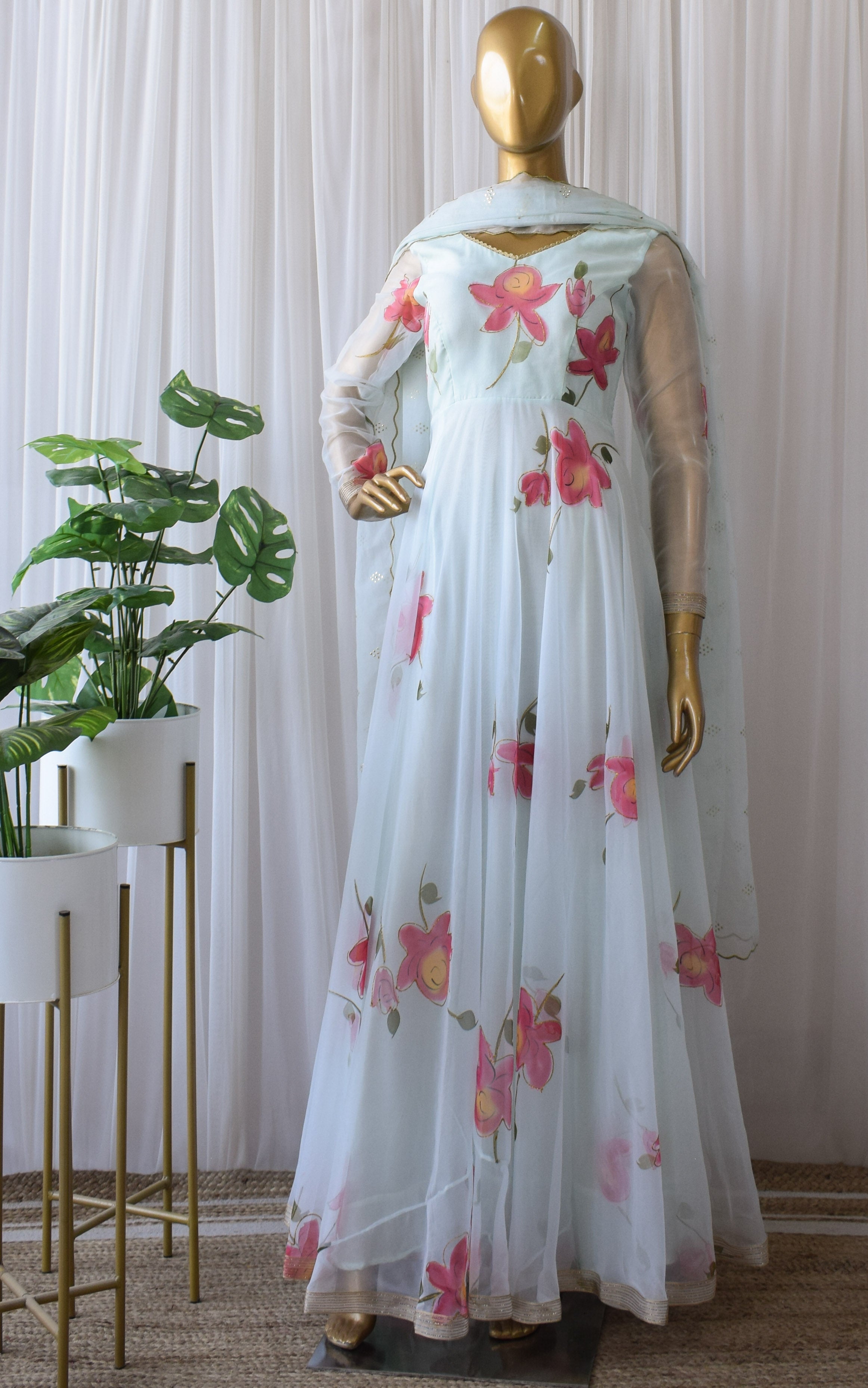 Sky Blue Hand Painted Organza Anarkali