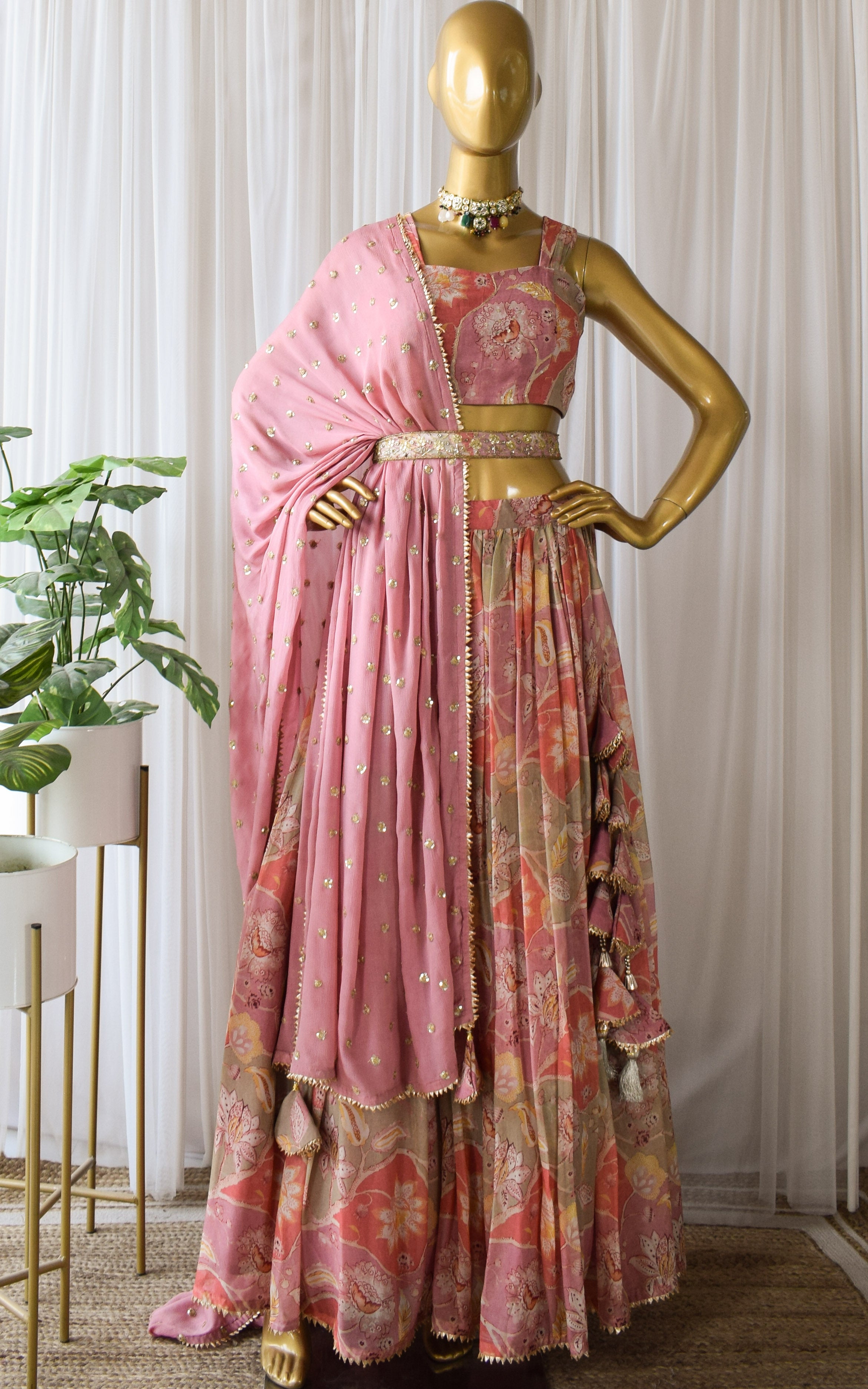 Noopur Vintage Pink Handwork Printed Georgette Lehenga with Embellished Belt