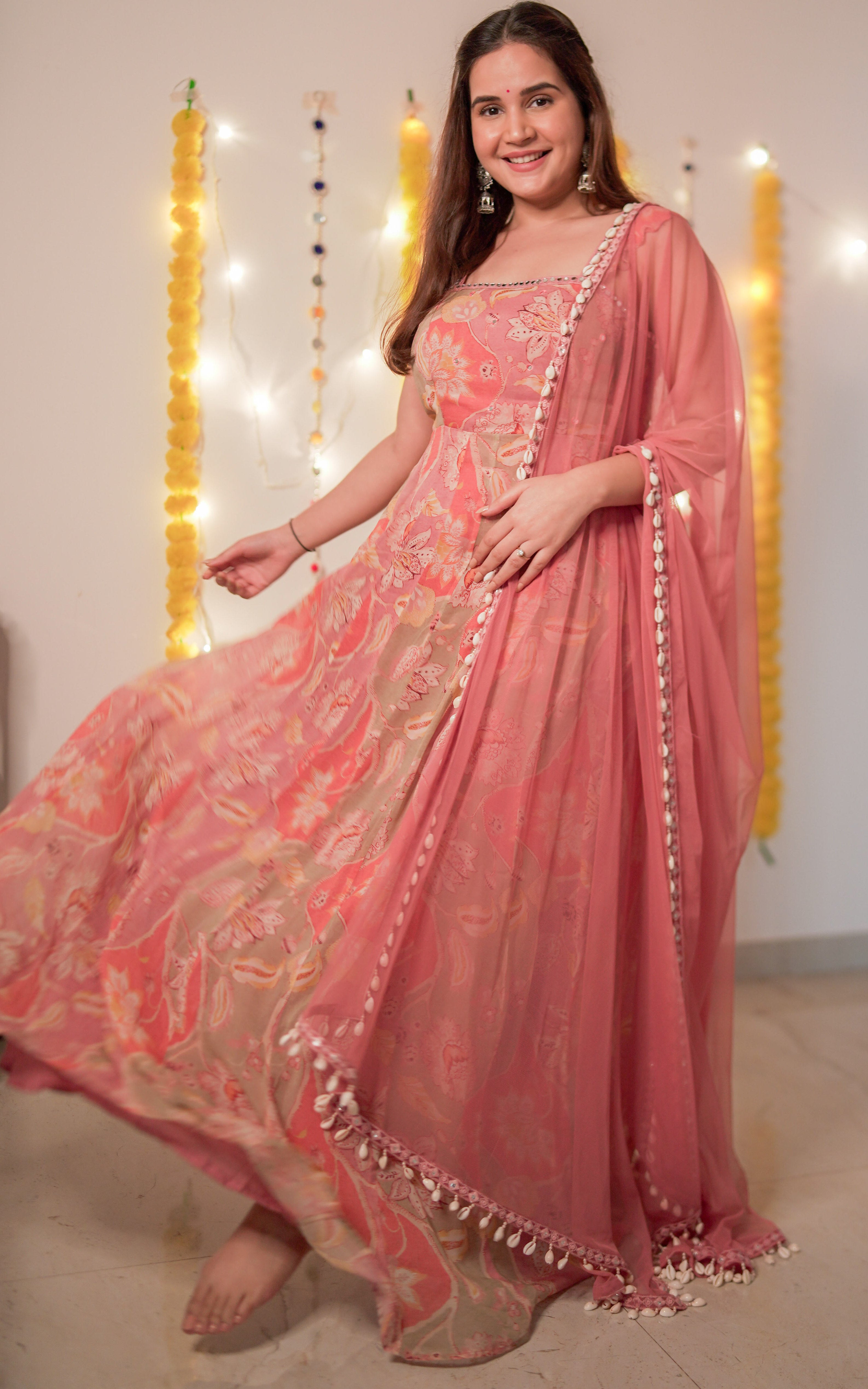 ShivShakti Vintage Floral Printed Georgette Mirrorwork Anarkali