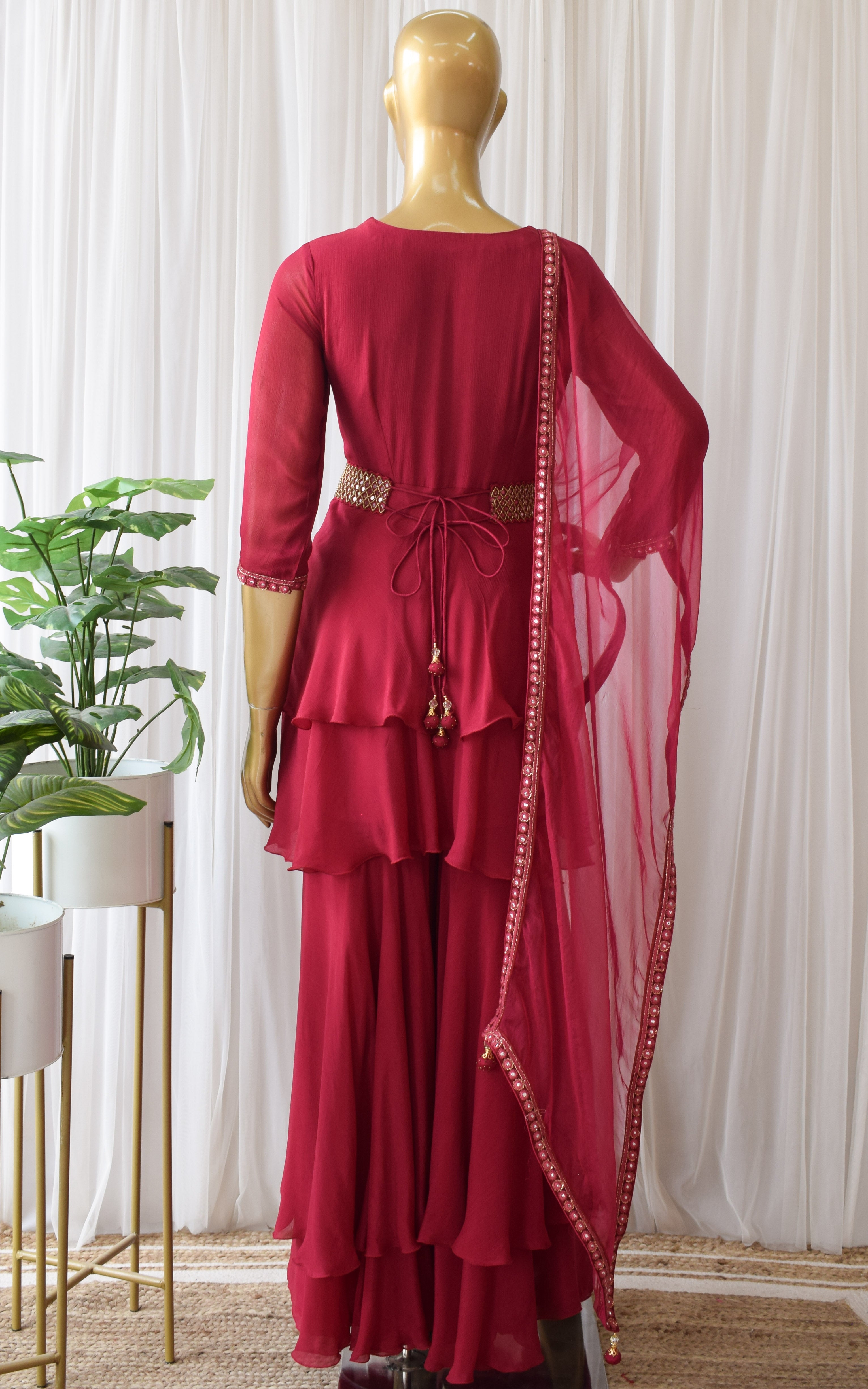 Shweta Tiwari Burgundy Double Layer Sharara With Belt
