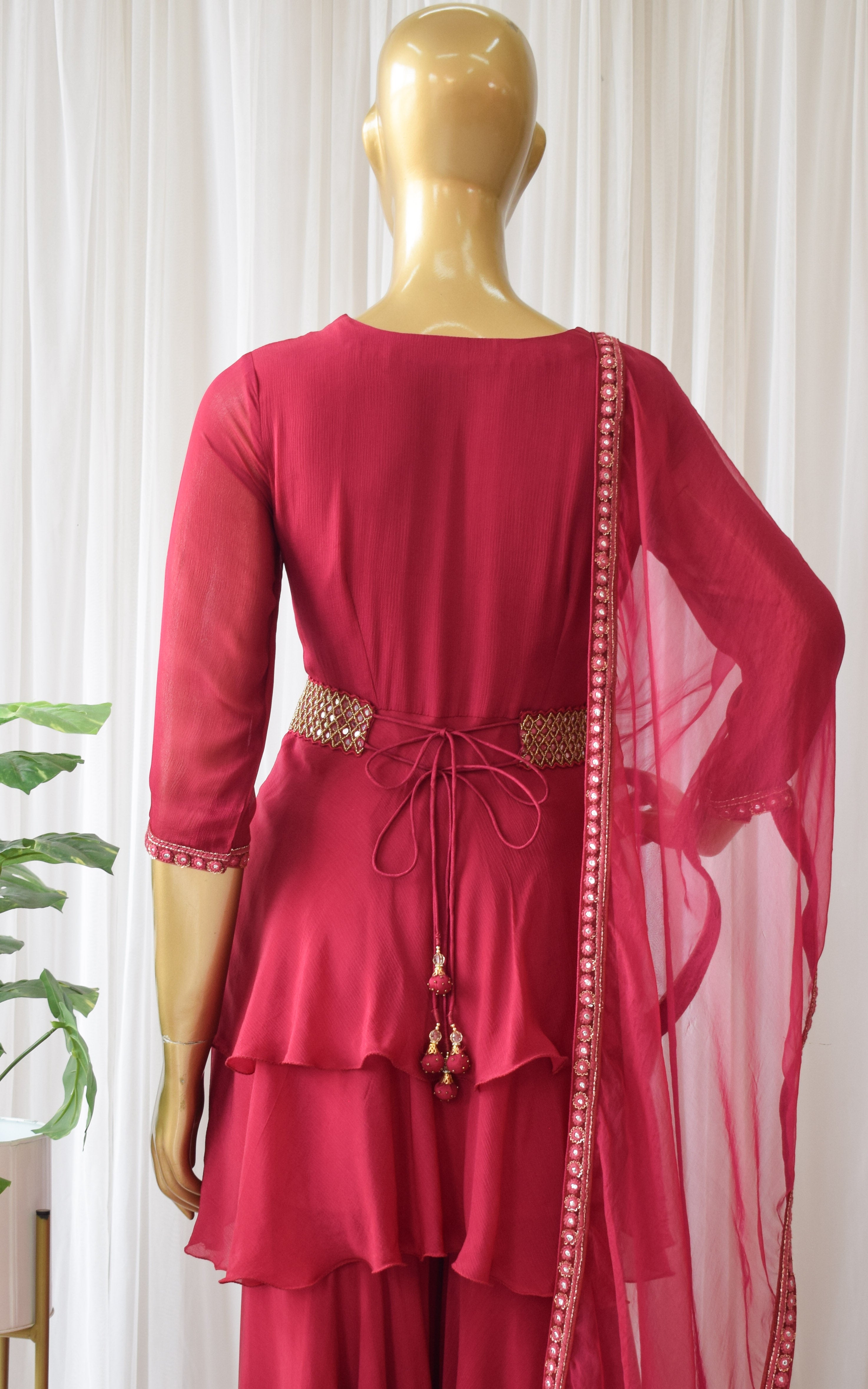 Shweta Tiwari Burgundy Double Layer Sharara With Belt