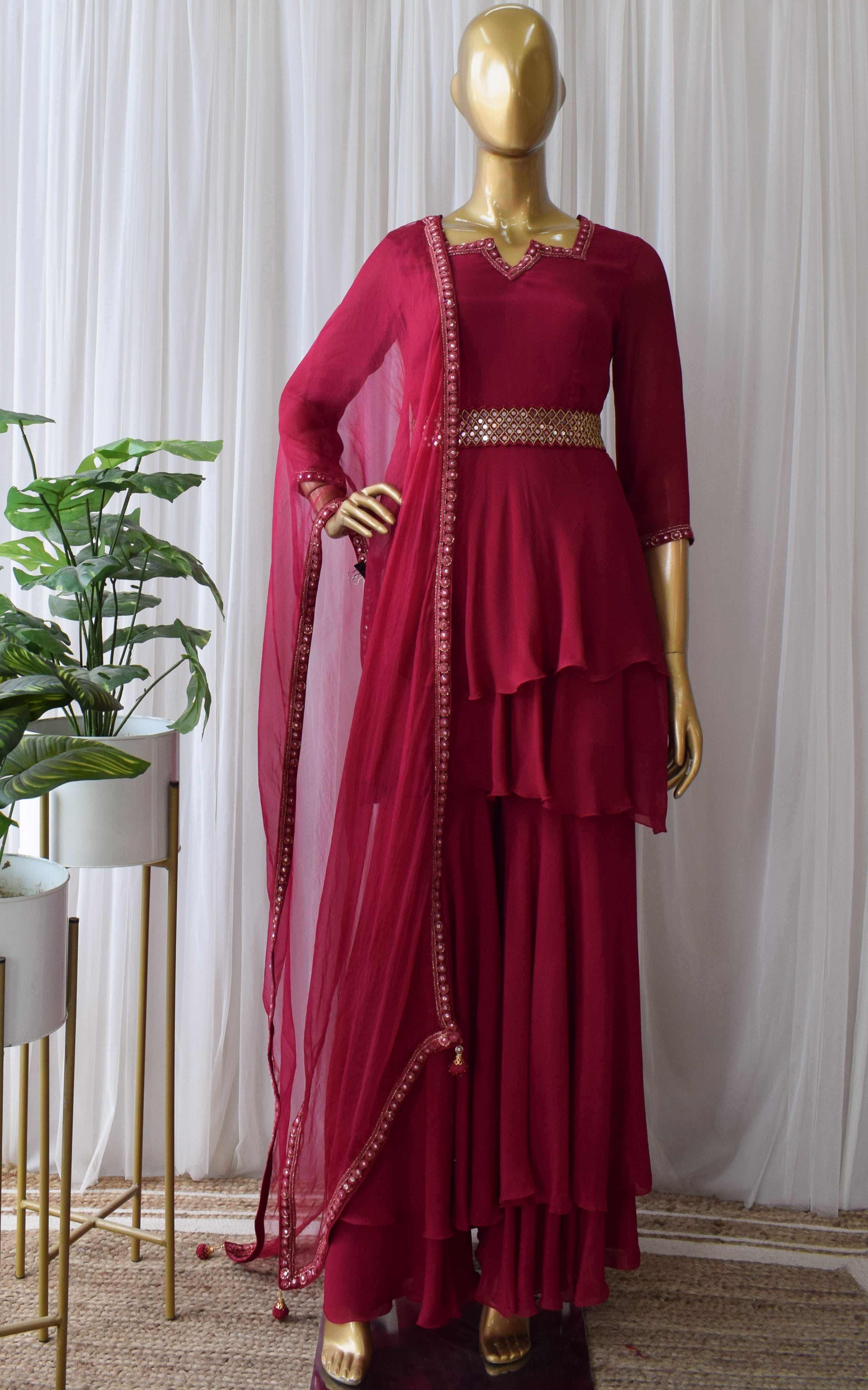 Shweta Tiwari Burgundy Double Layer Sharara With Belt