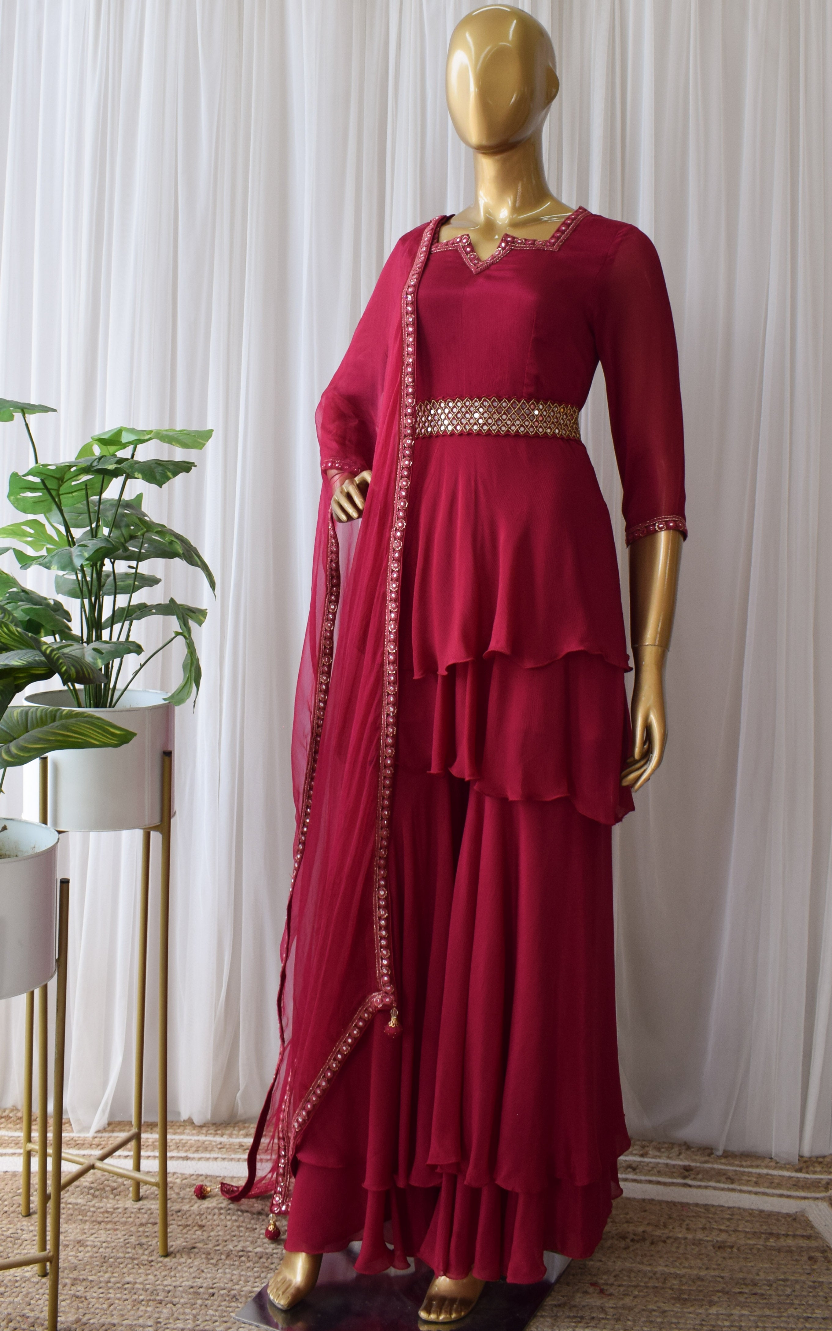 Shweta Tiwari Burgundy Double Layer Sharara With Belt