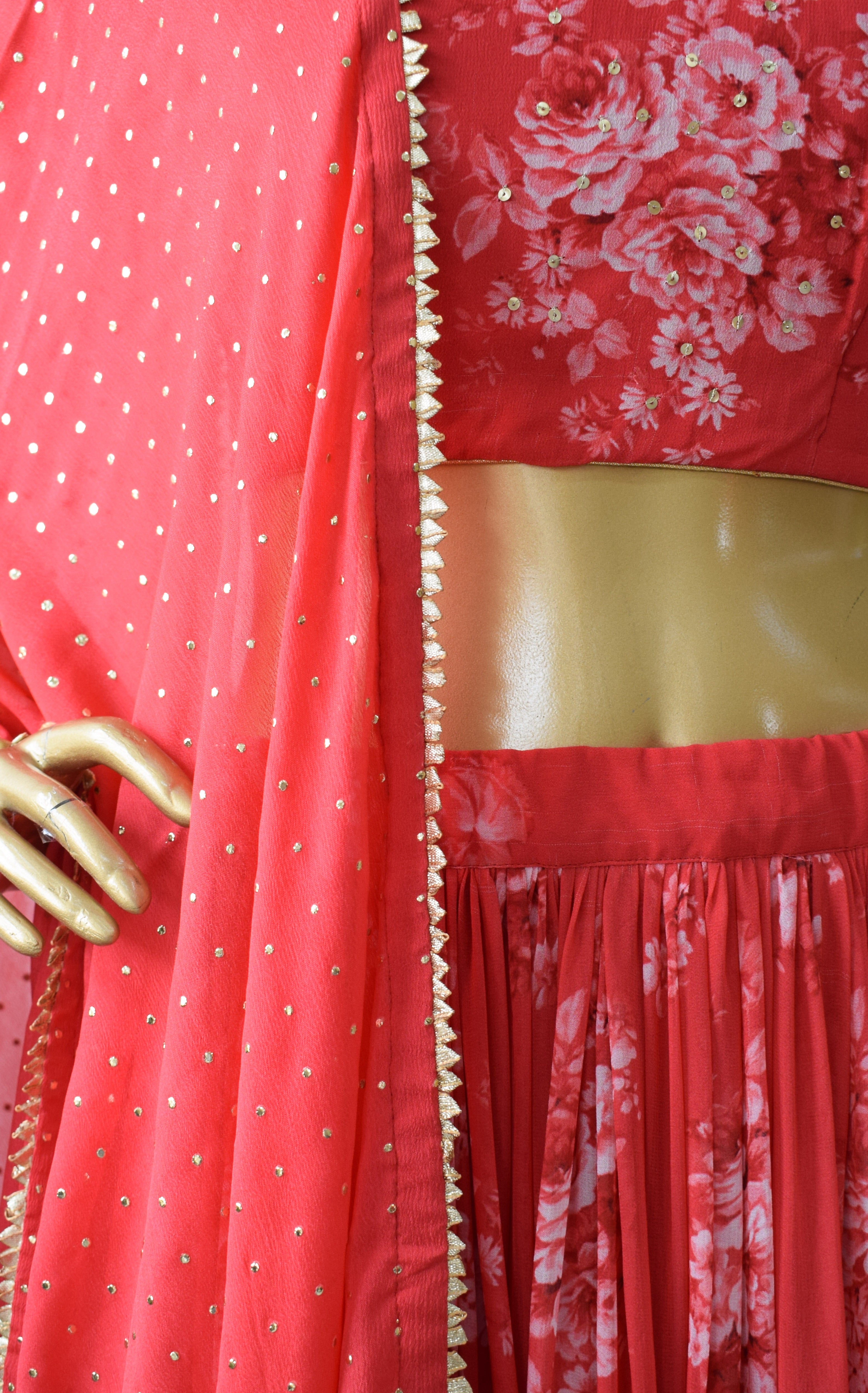 Srishti Red Sequin Work Floral Printed Georgette Lehenga