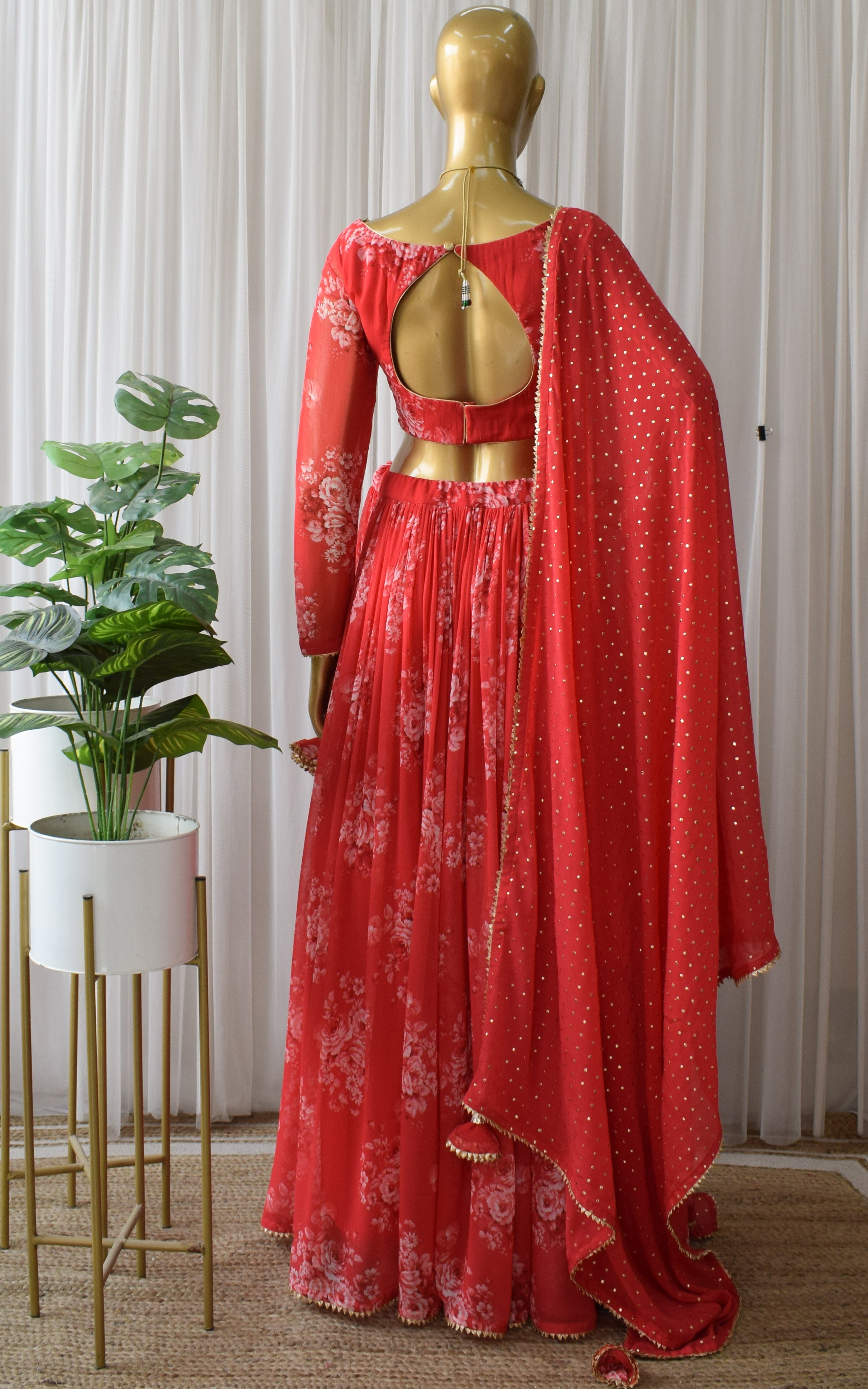 Srishti Red Sequin Work Floral Printed Georgette Lehenga