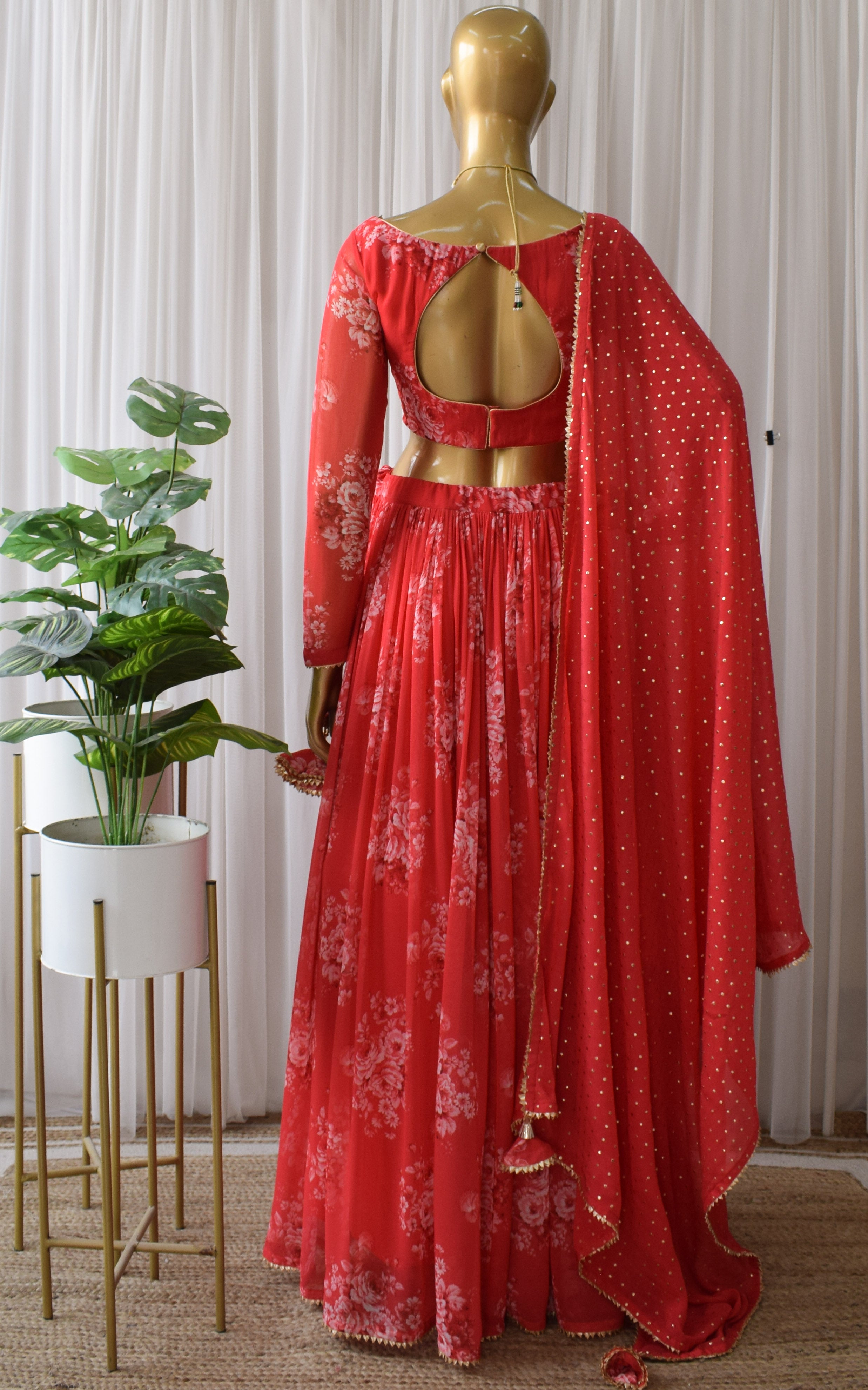 Srishti Red Sequin Work Floral Printed Georgette Lehenga