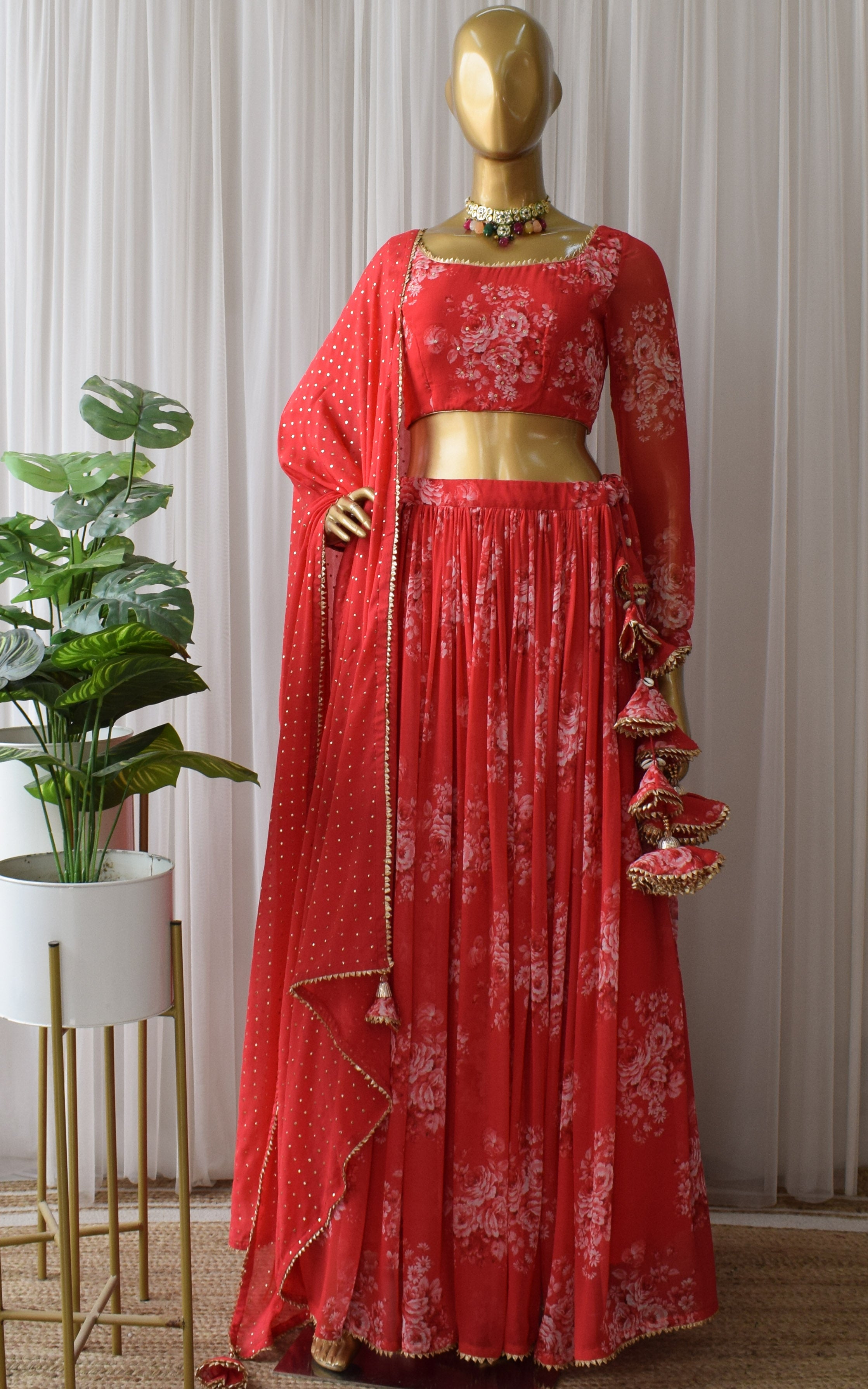 Srishti Red Sequin Work Floral Printed Georgette Lehenga