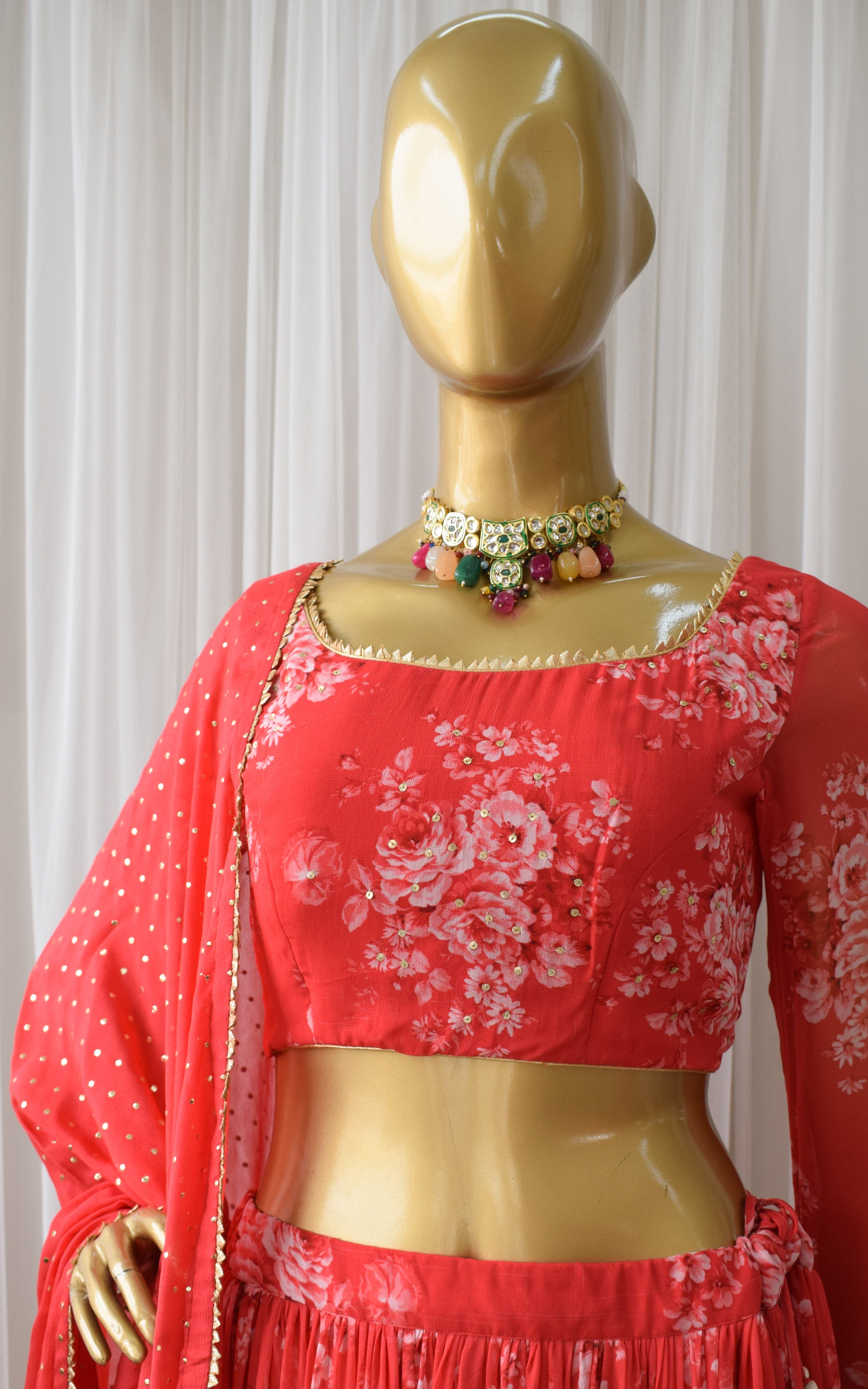 Srishti Red Sequin Work Floral Printed Georgette Lehenga