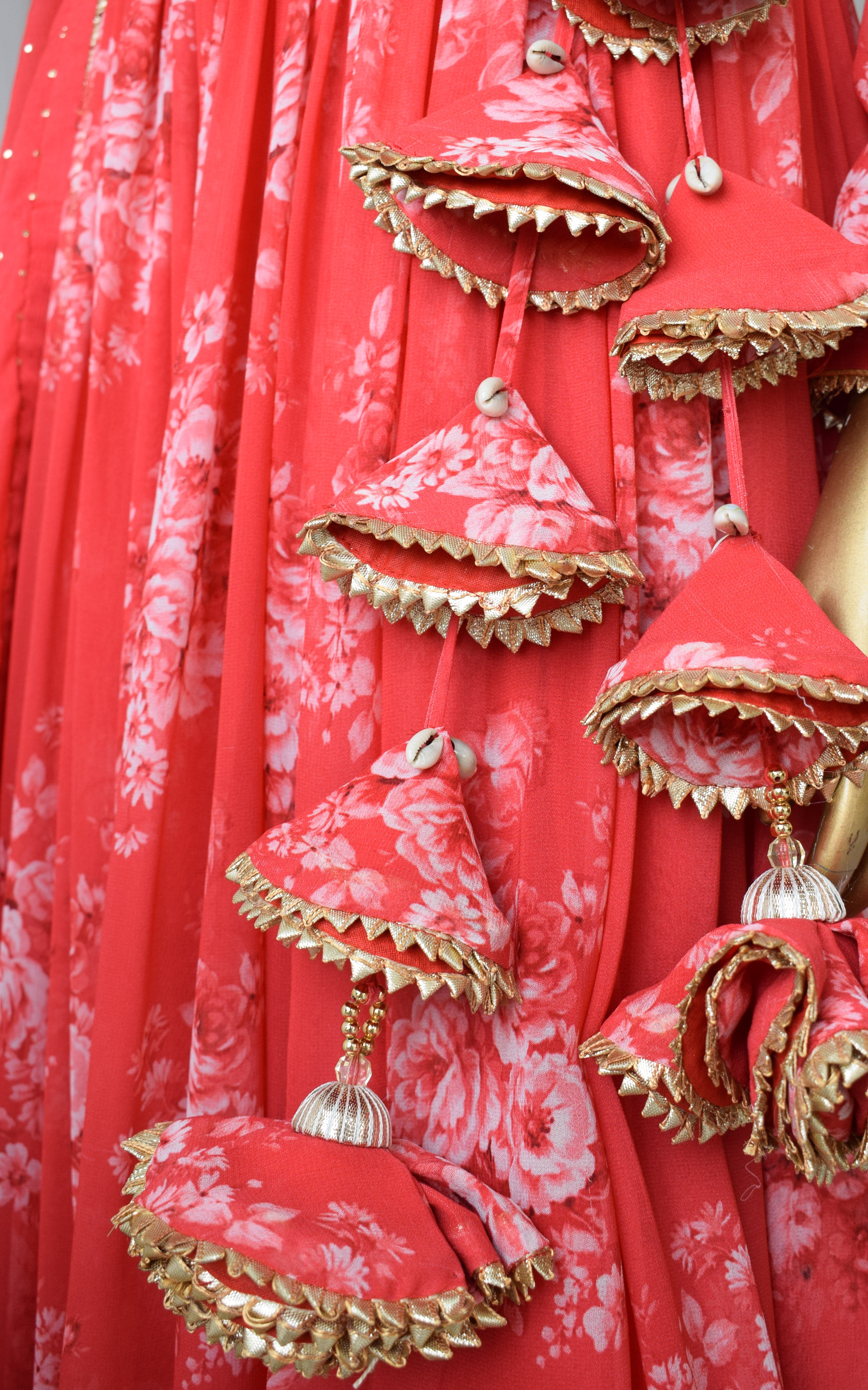 Srishti Red Sequin Work Floral Printed Georgette Lehenga