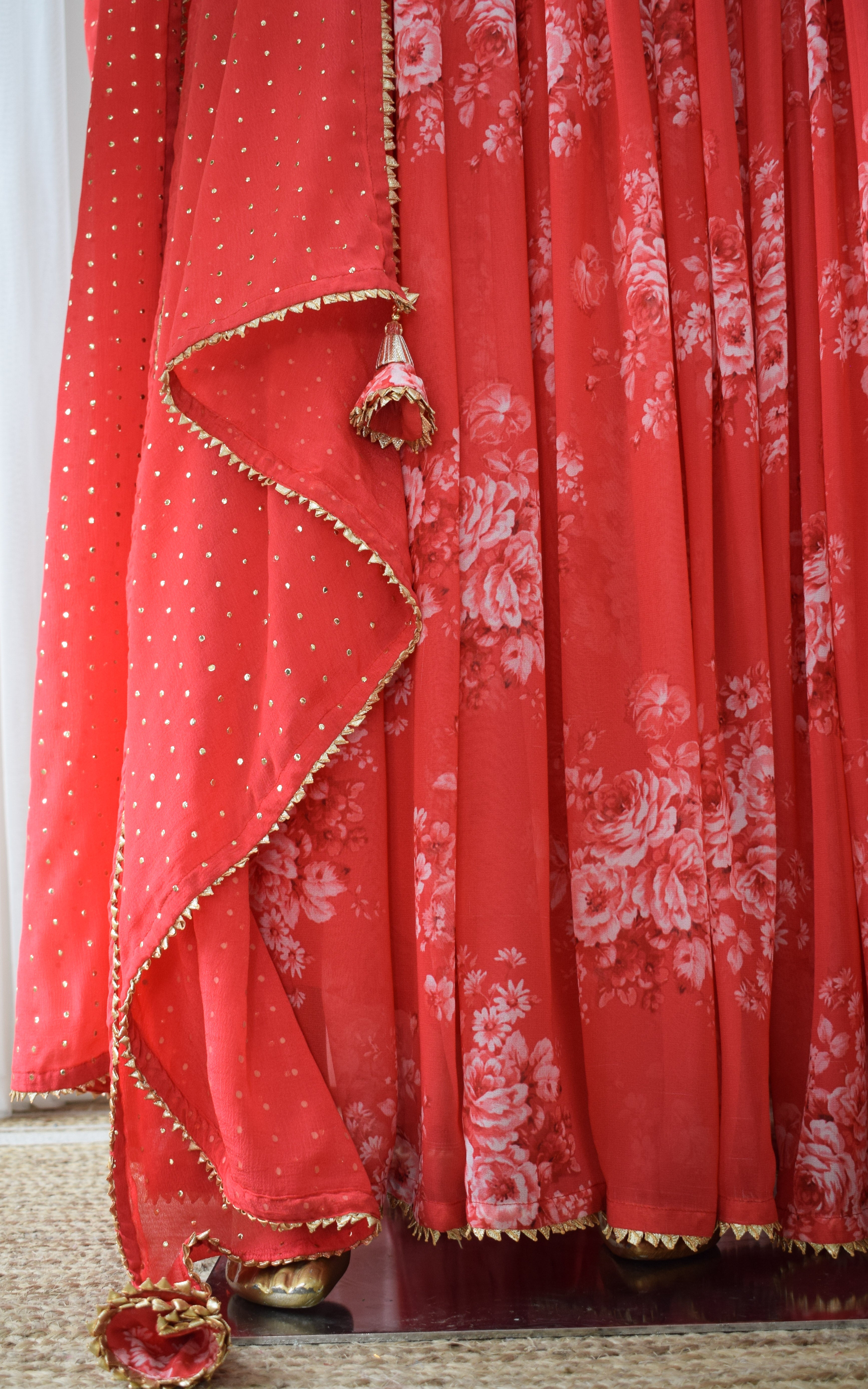 Srishti Red Sequin Work Floral Printed Georgette Lehenga