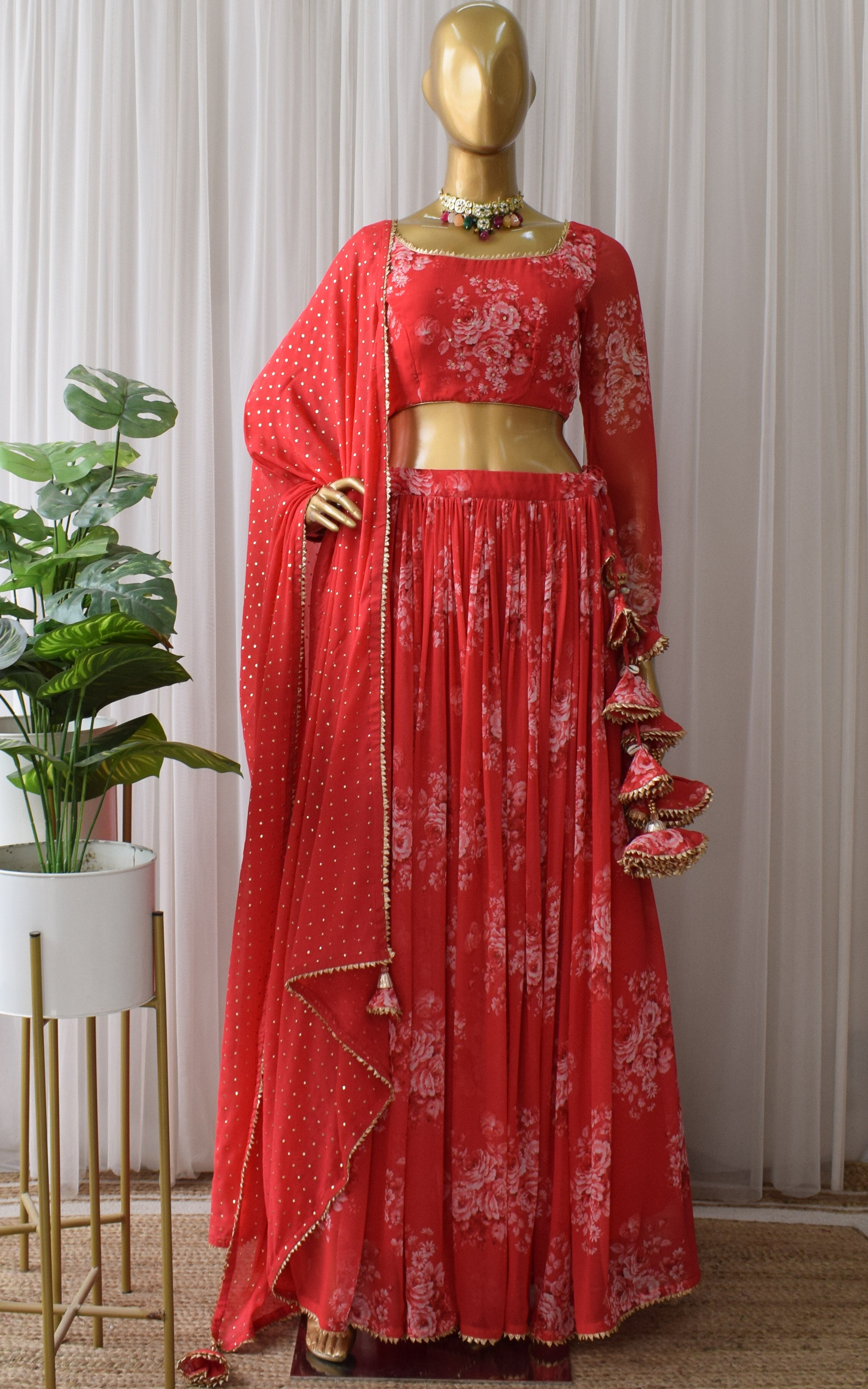Srishti Red Sequin Work Floral Printed Georgette Lehenga