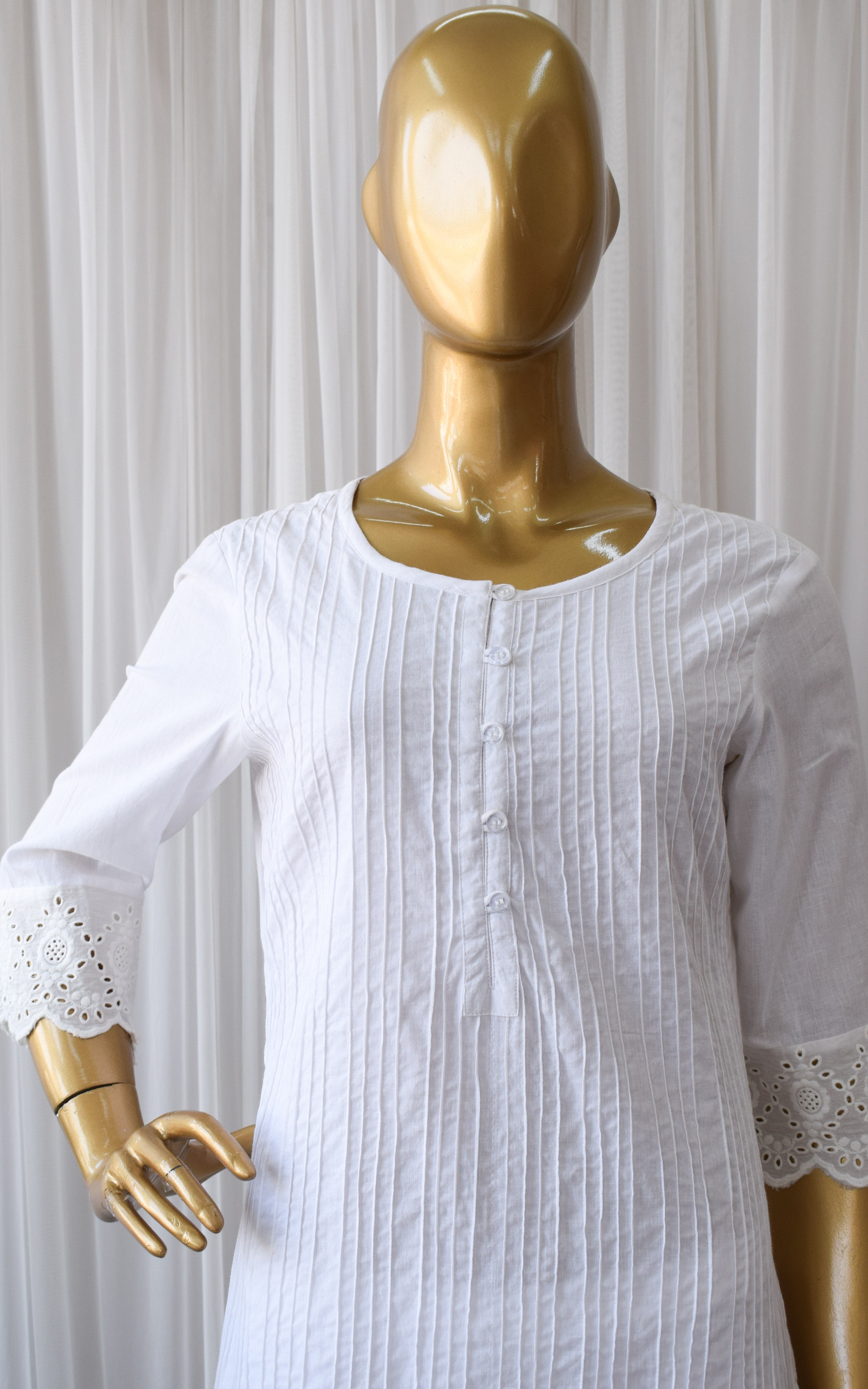 White Cotton Pintucks Kurta and Pant Set