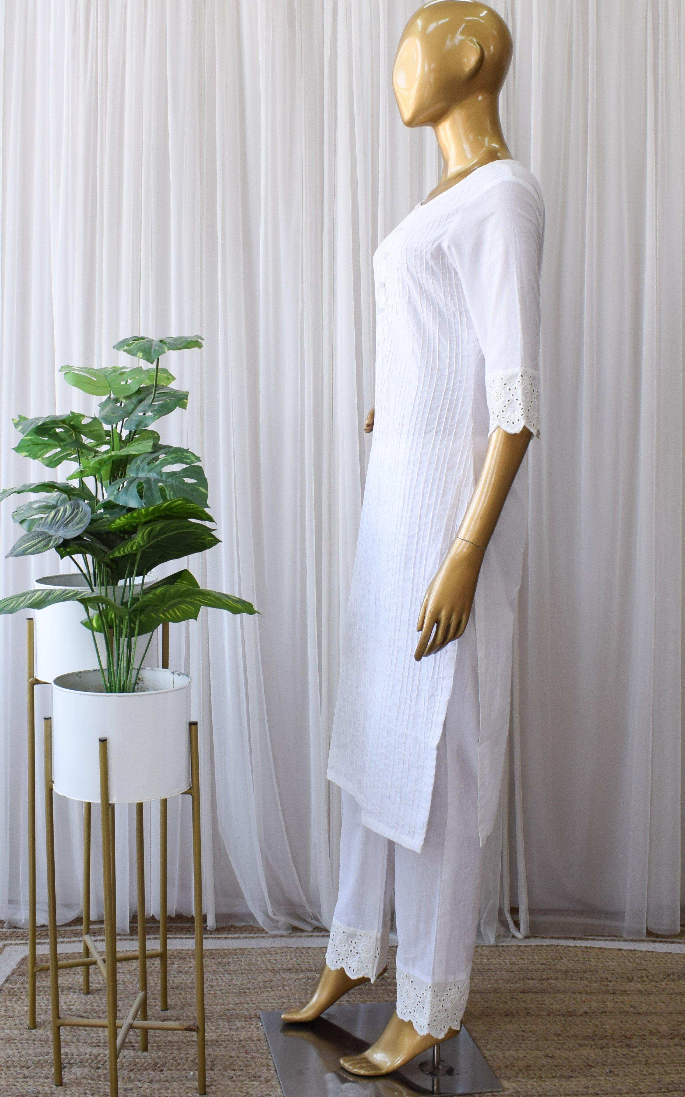 White Cotton Pintucks Kurta and Pant Set