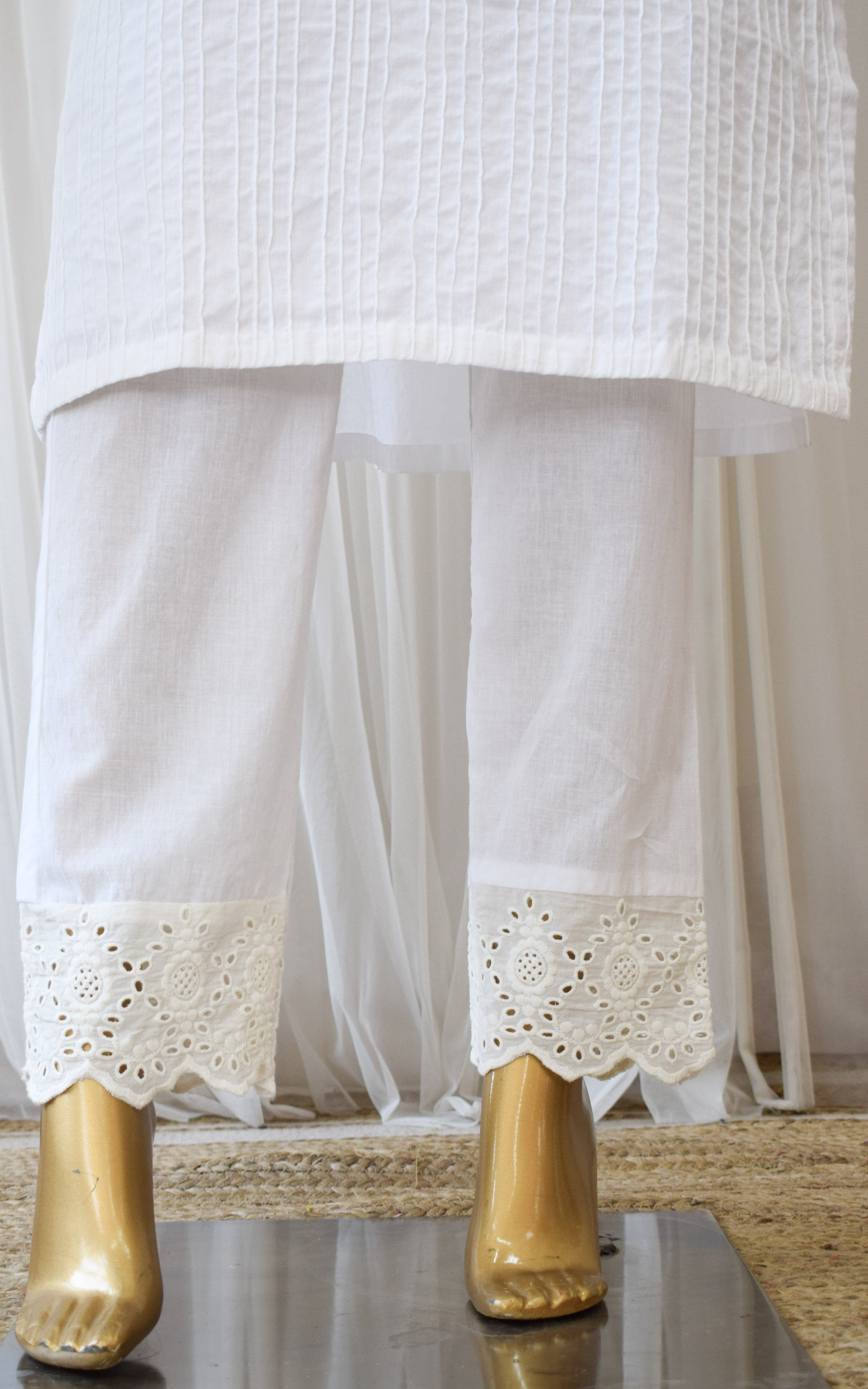 White Cotton Pintucks Kurta and Pant Set