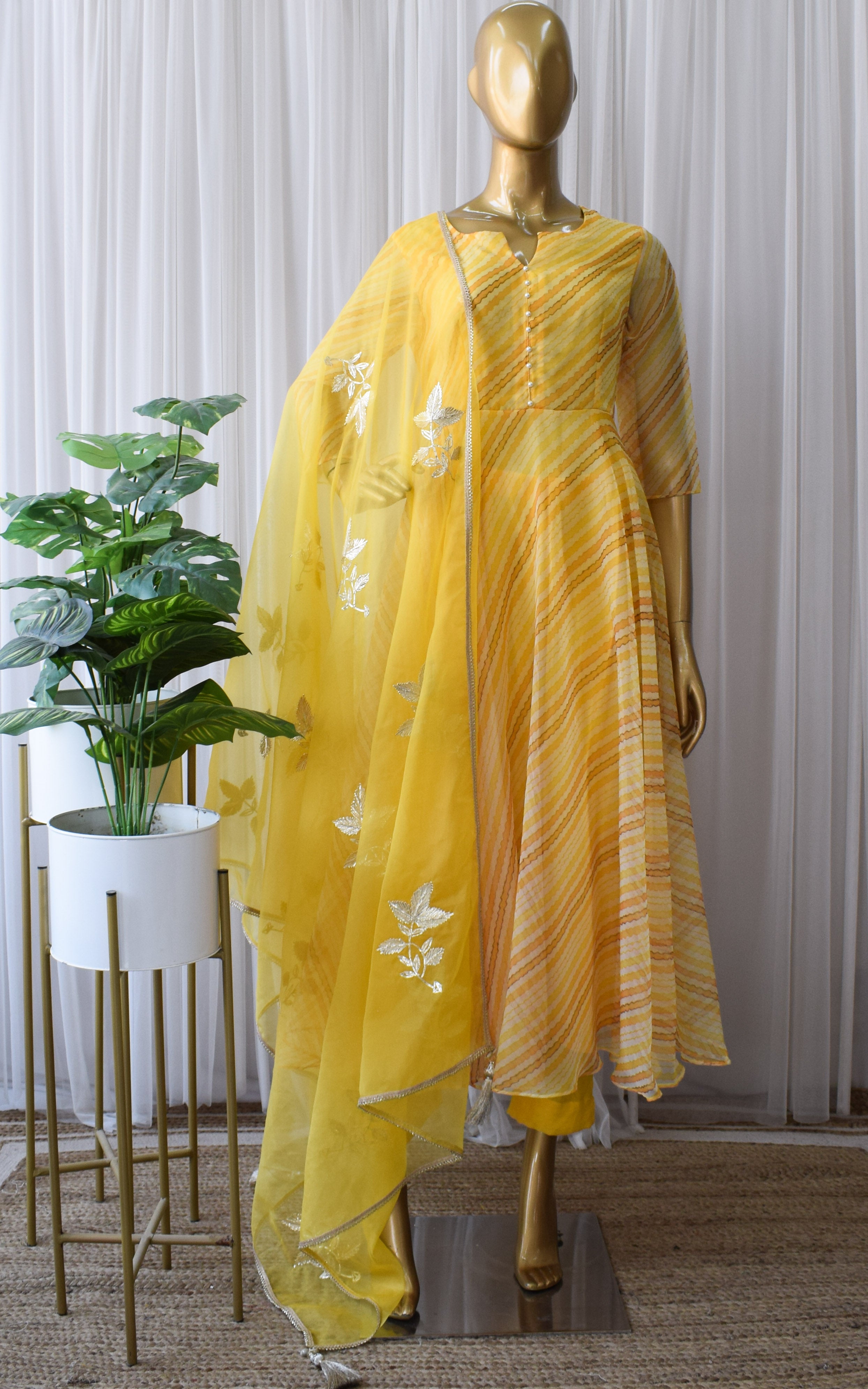 Yellow Leheriya Organza Anarkali With Gota Work Dupatta