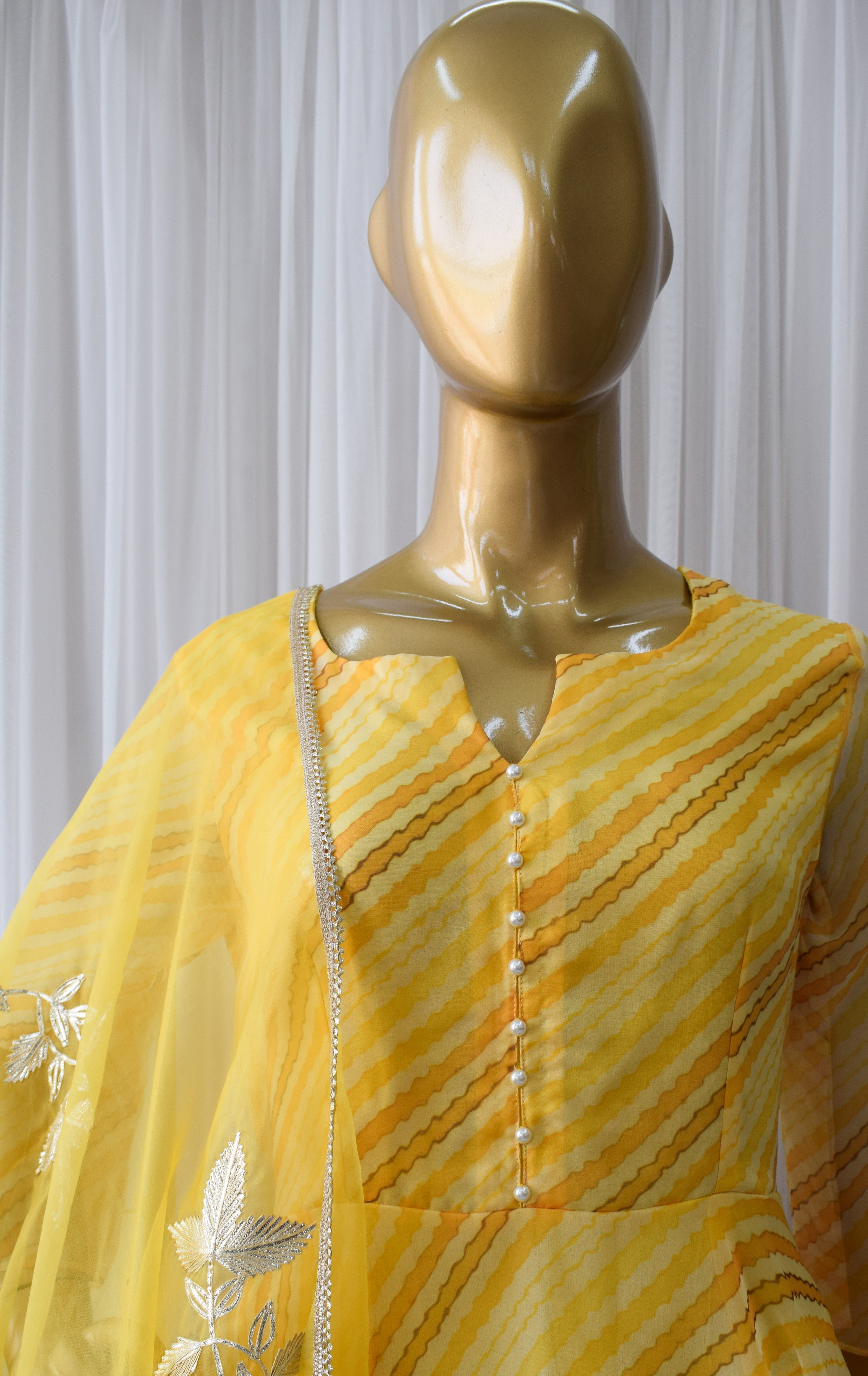 Yellow Leheriya Organza Anarkali With Gota Work Dupatta