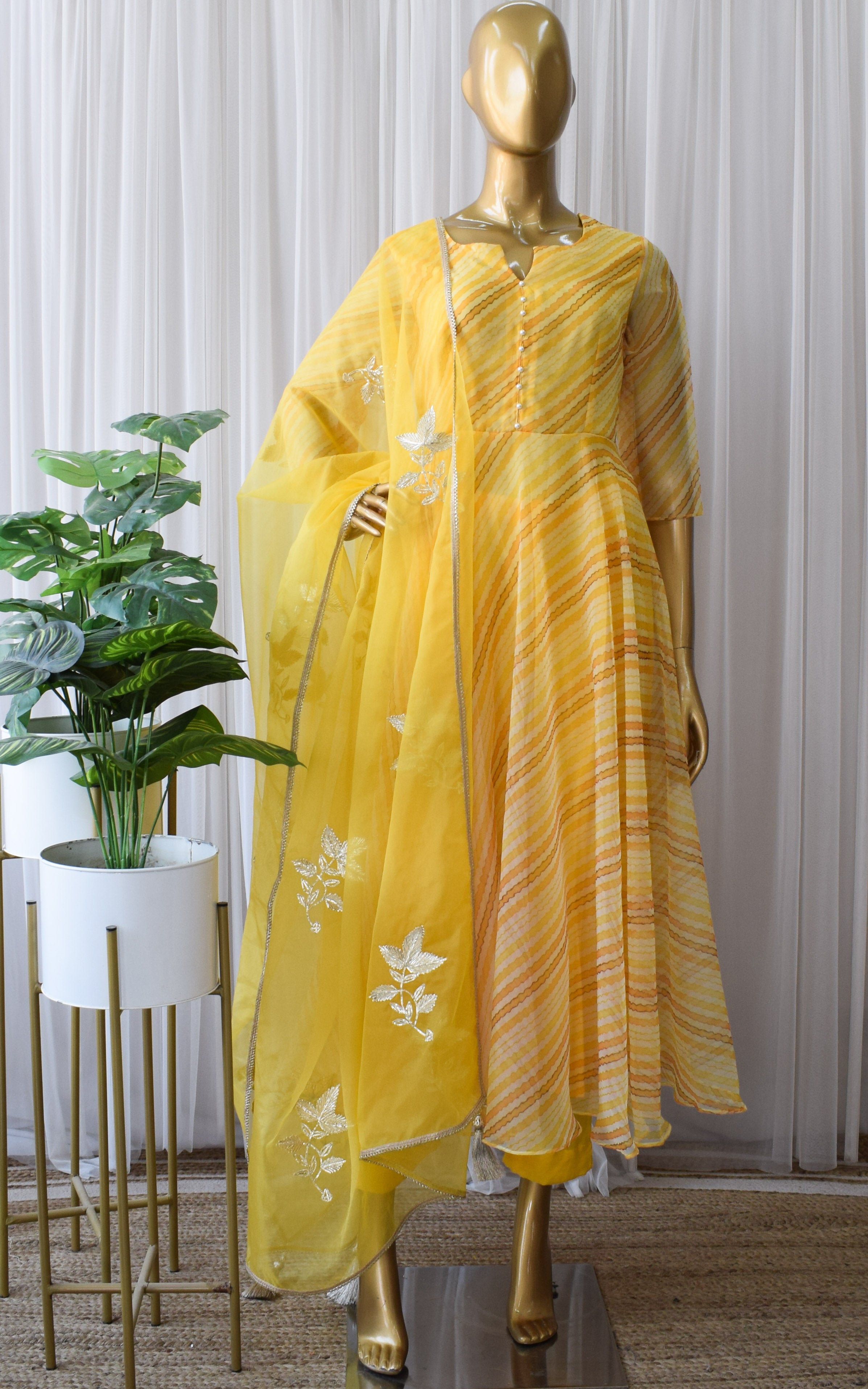 Yellow Leheriya Organza Anarkali With Gota Work Dupatta
