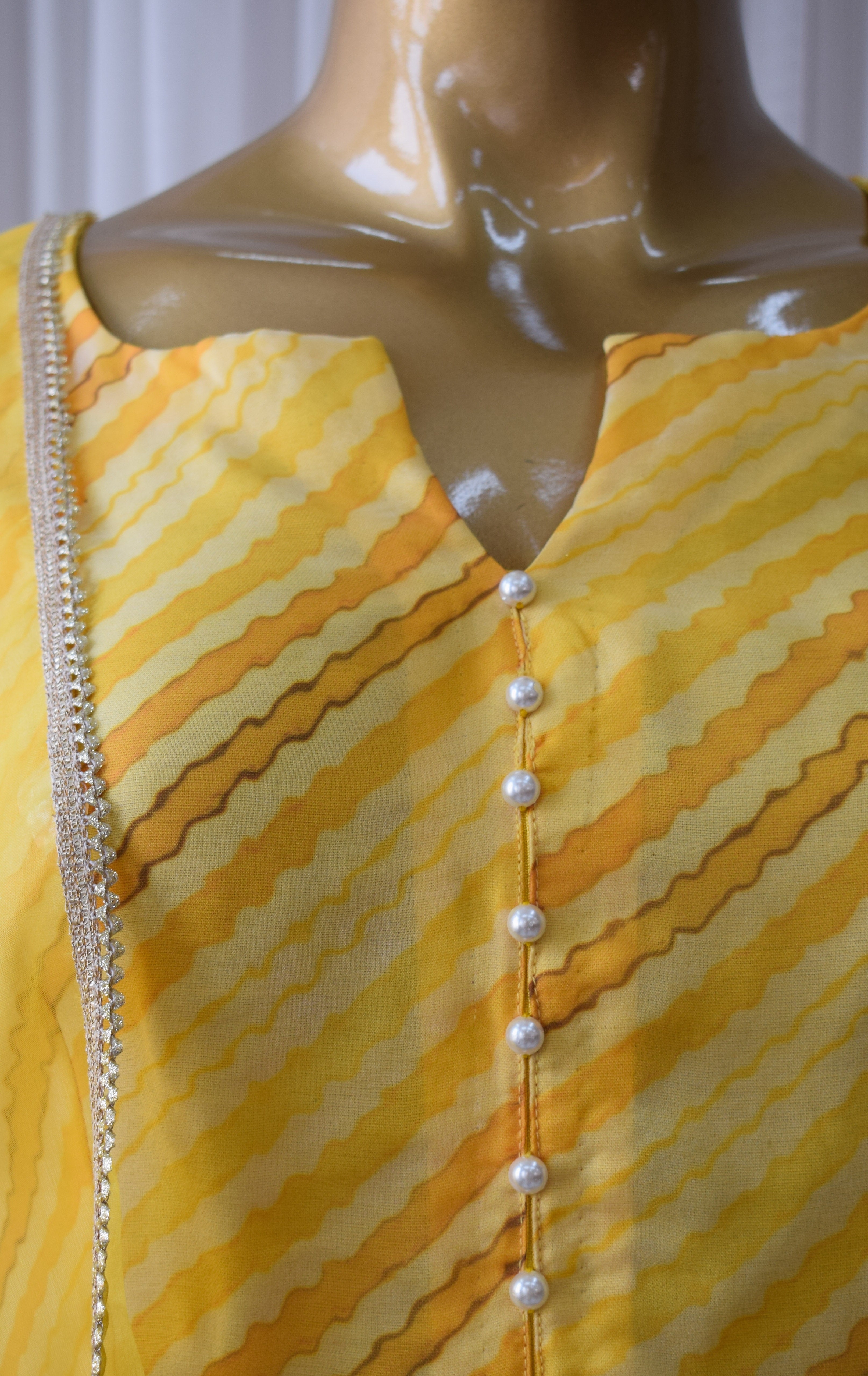 Yellow Leheriya Organza Anarkali With Gota Work Dupatta