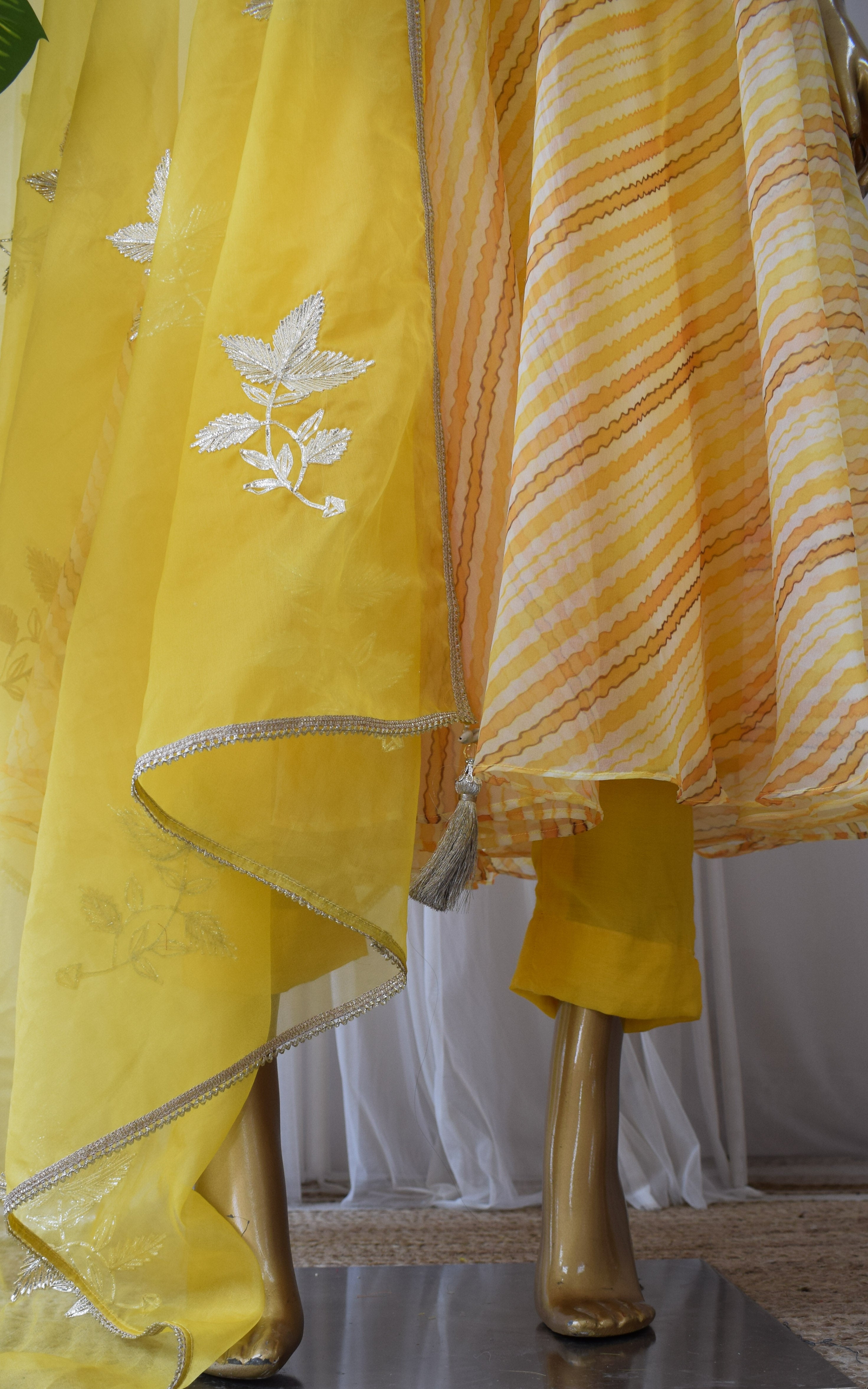 Yellow Leheriya Organza Anarkali With Gota Work Dupatta