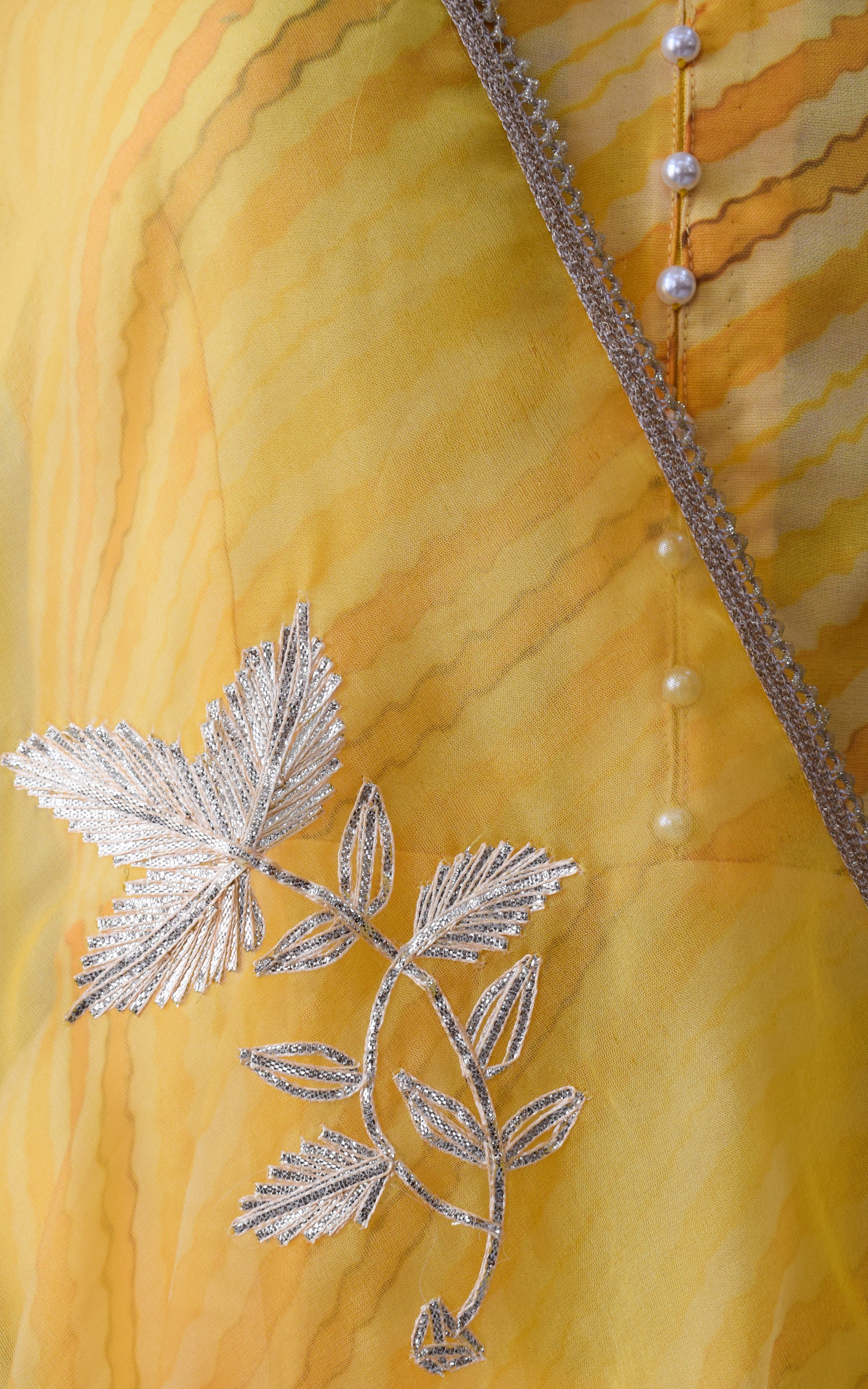 Yellow Leheriya Organza Anarkali With Gota Work Dupatta