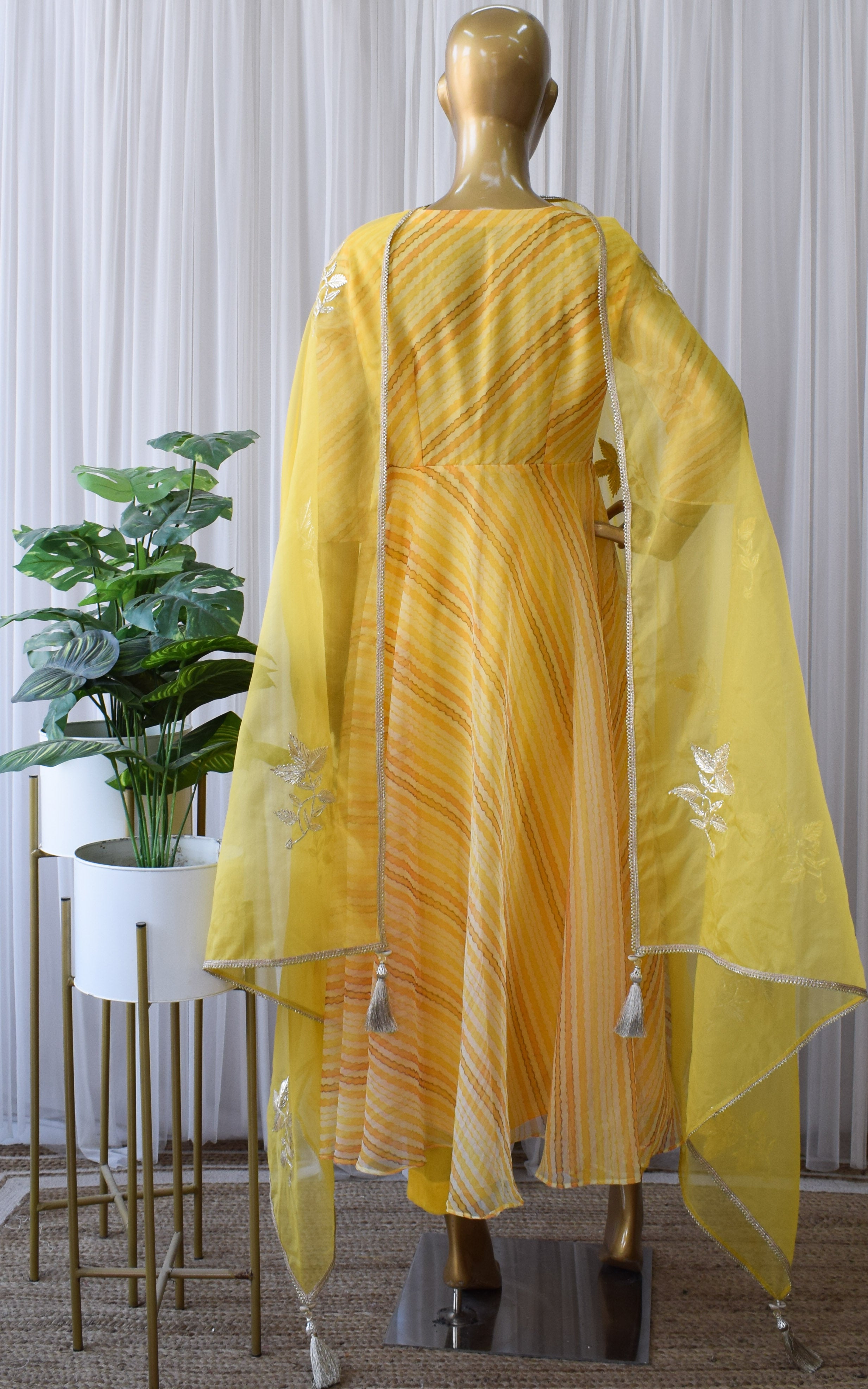 Yellow Leheriya Organza Anarkali With Gota Work Dupatta