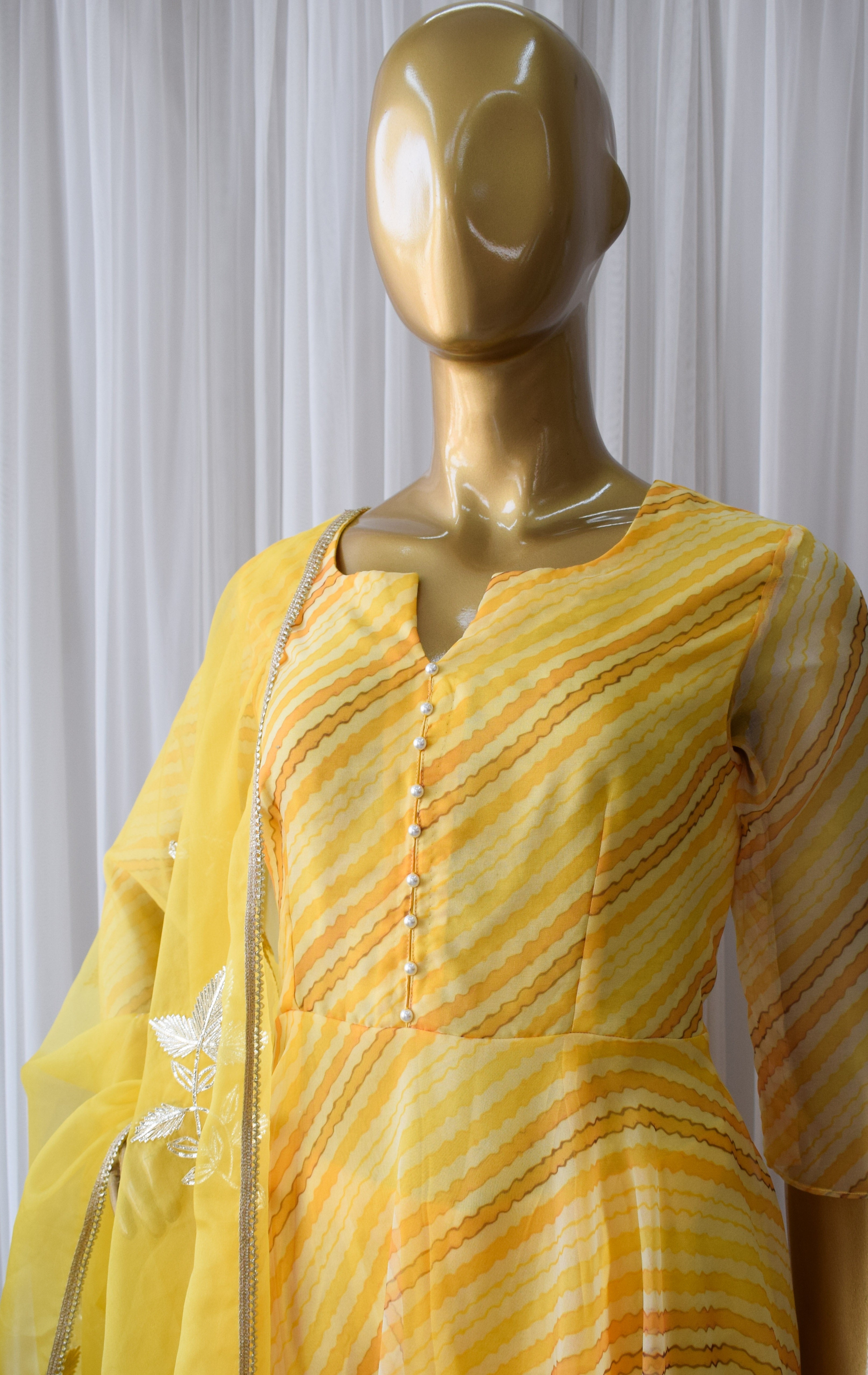 Yellow Leheriya Organza Anarkali With Gota Work Dupatta