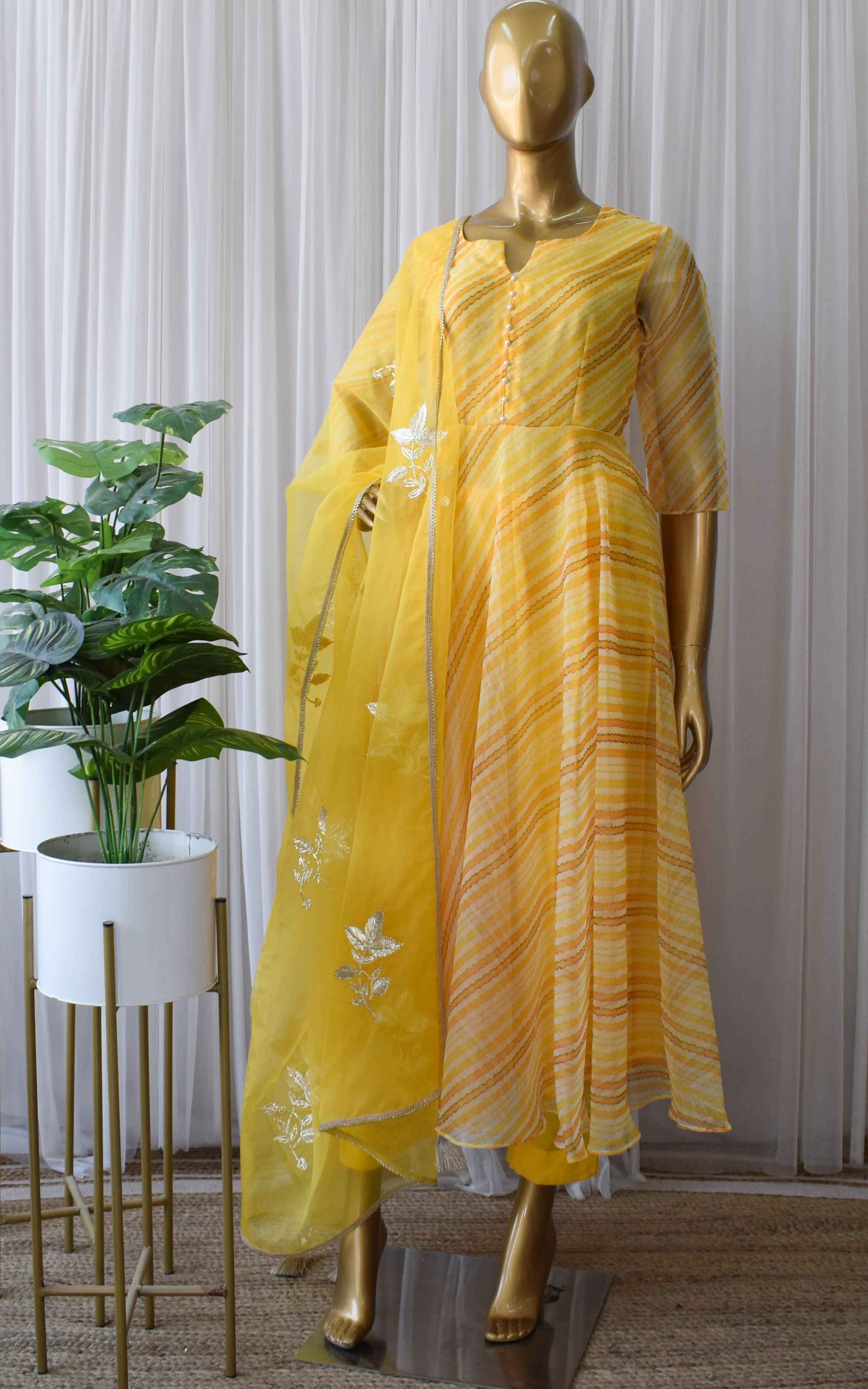 Yellow Leheriya Organza Anarkali With Gota Work Dupatta