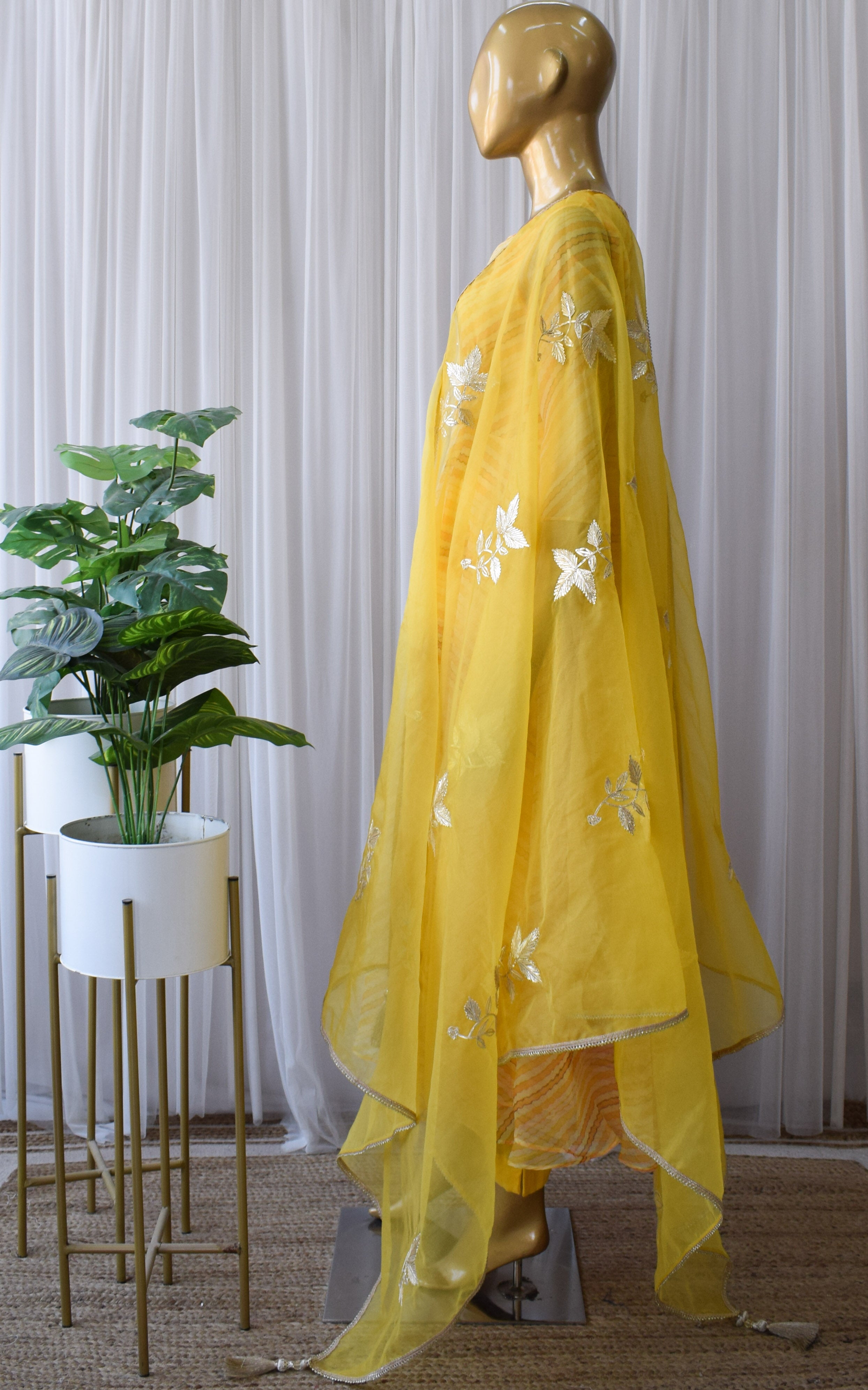 Yellow Leheriya Organza Anarkali With Gota Work Dupatta