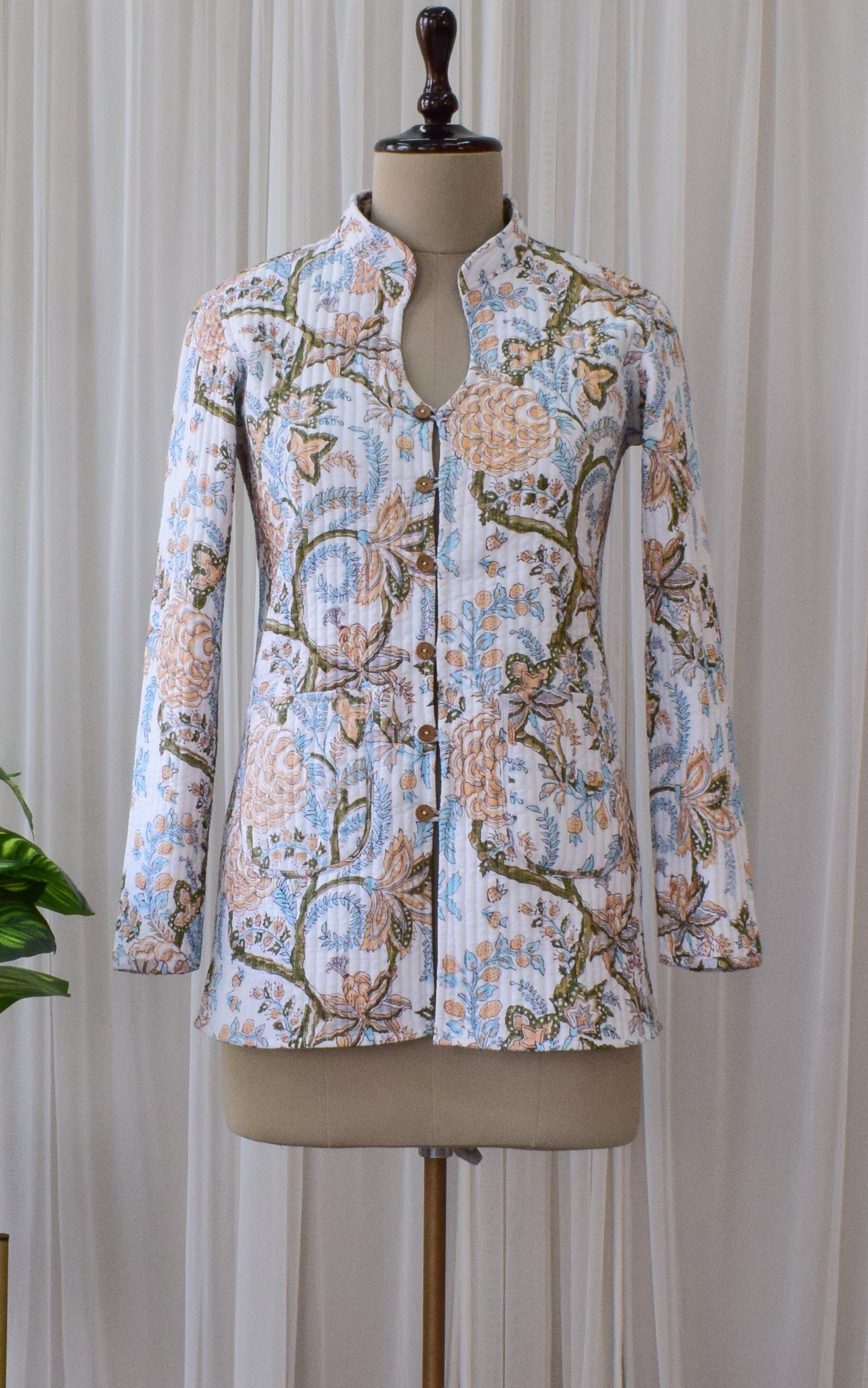 White-Vintage Block Print Reversible Quilted Jacket