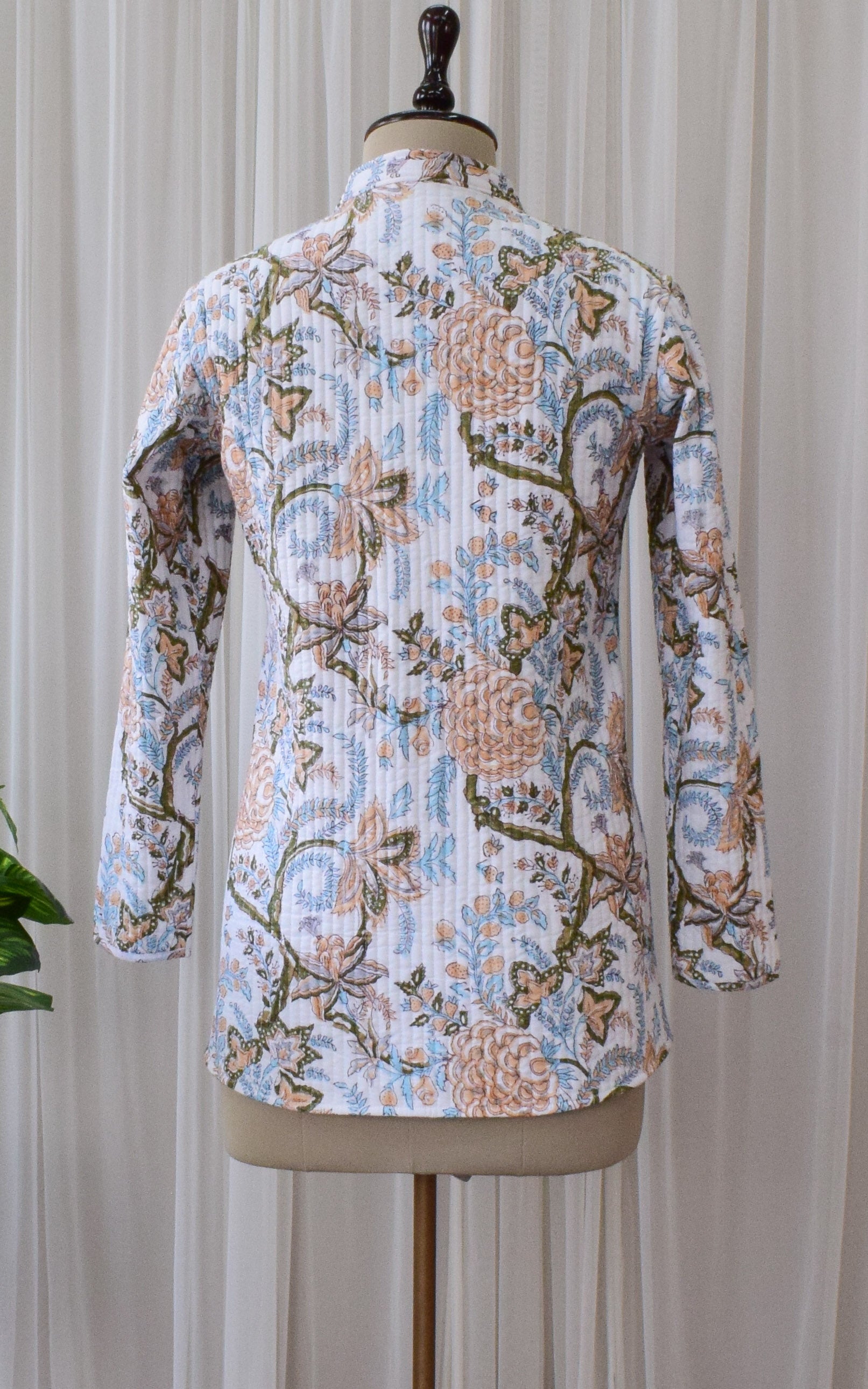 White-Vintage Block Print Reversible Quilted Jacket