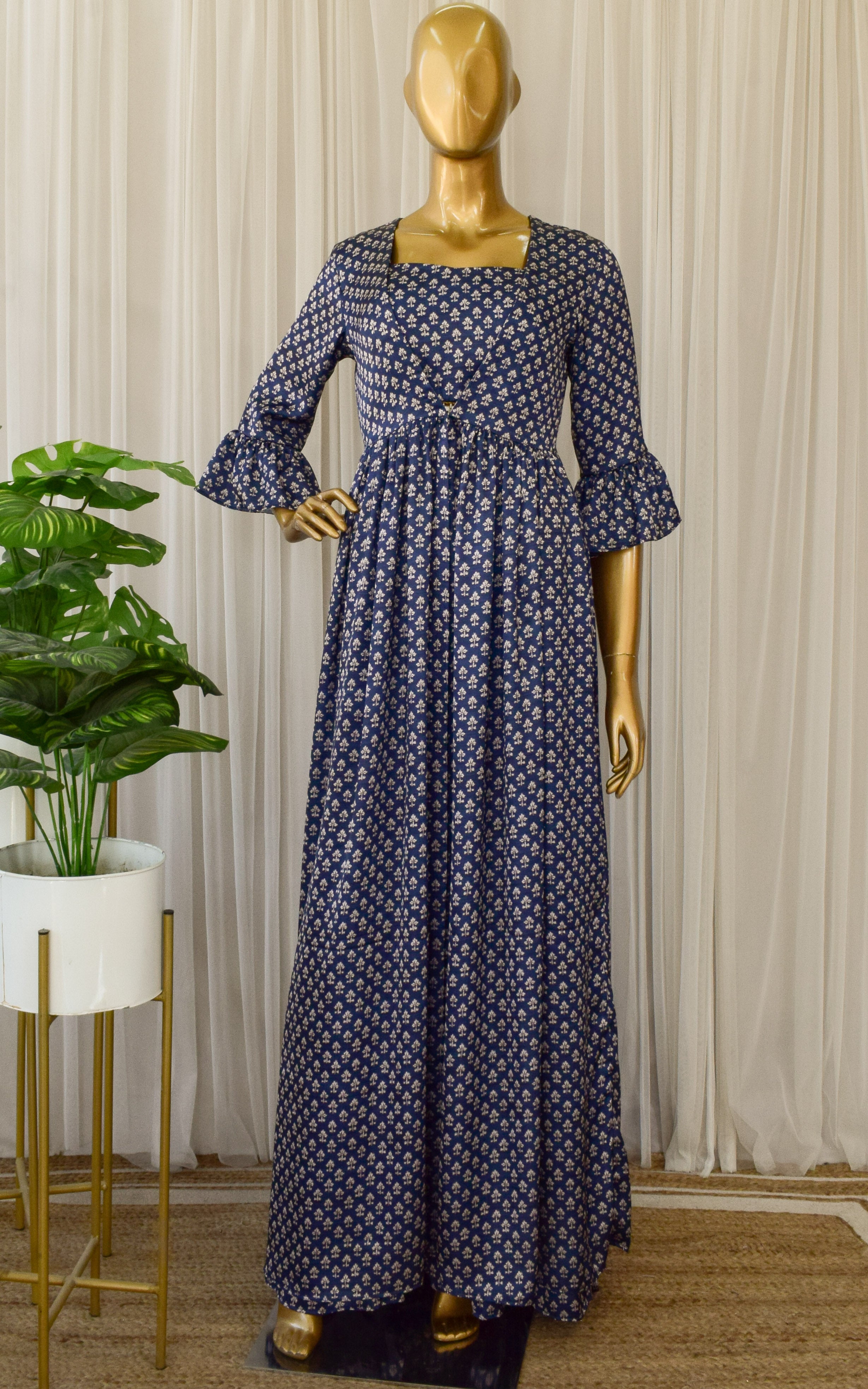 Navy Blue Booti Print Crop Top & Sharara Set