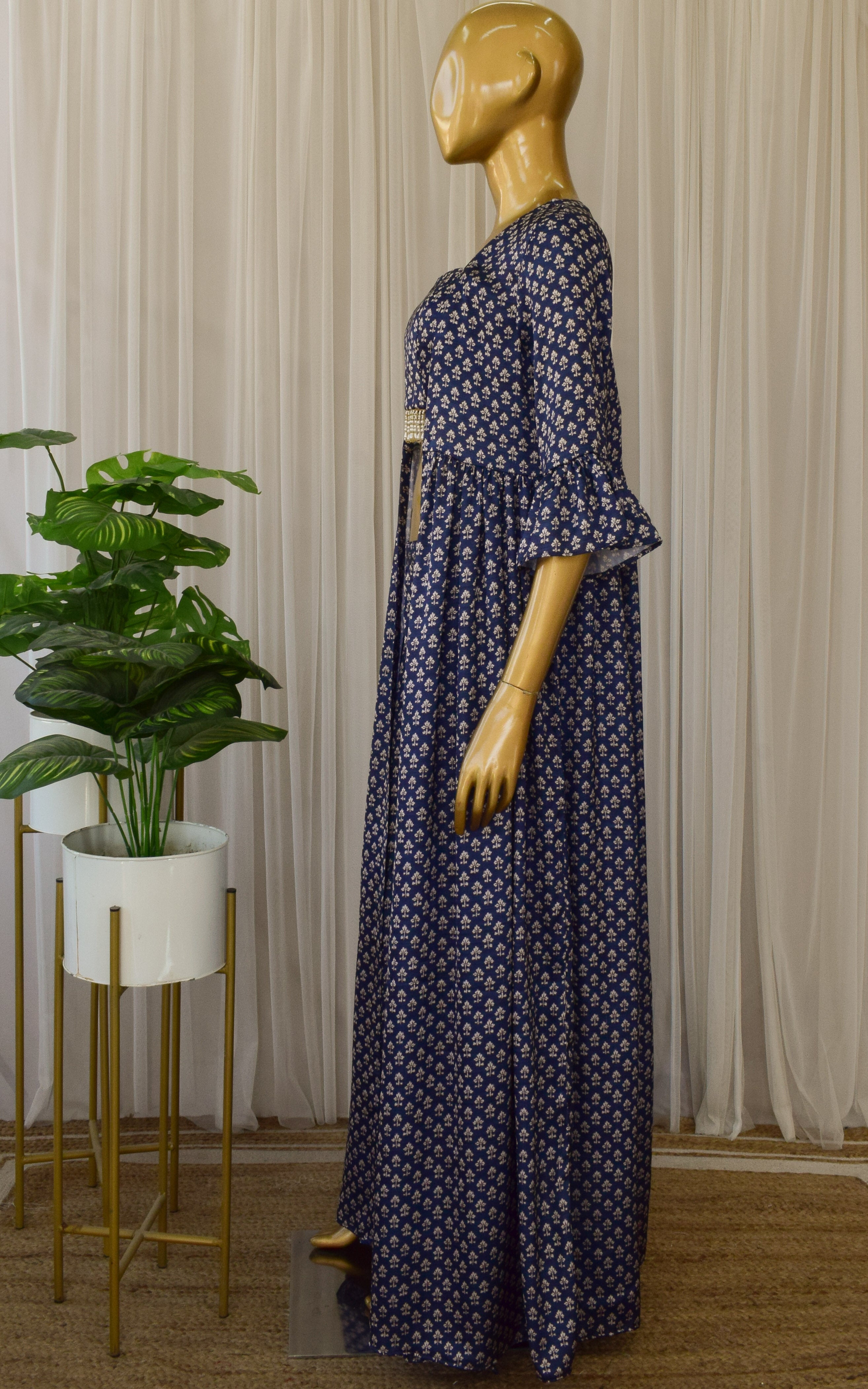 Navy Blue Booti Print Crop Top & Sharara Set