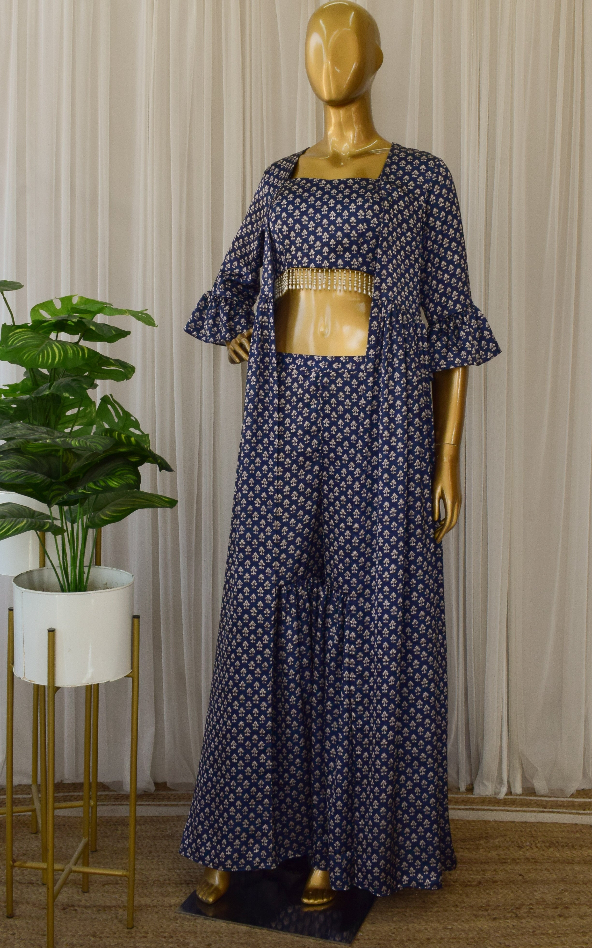 Navy Blue Booti Print Crop Top & Sharara Set