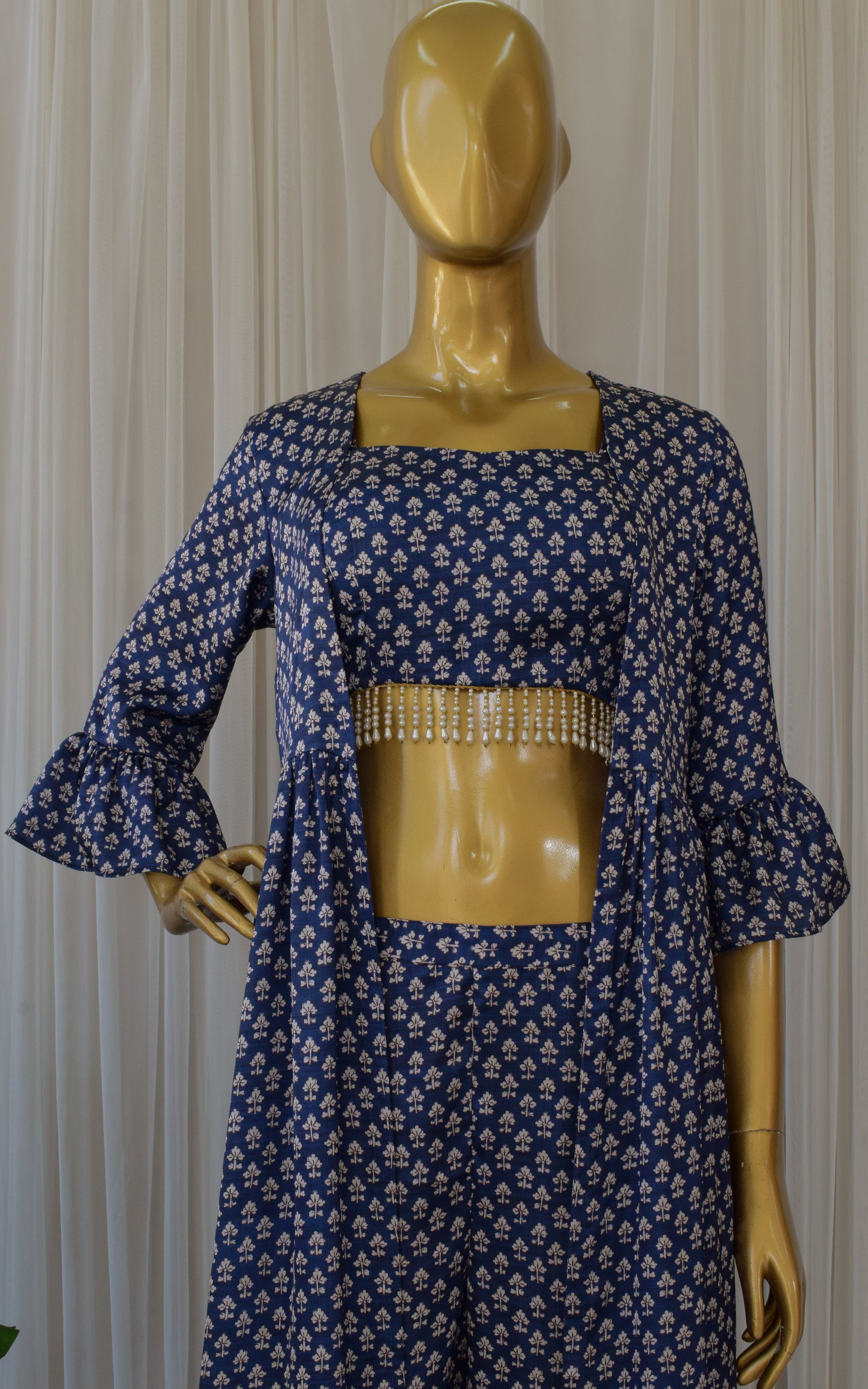 Navy Blue Booti Print Crop Top & Sharara Set