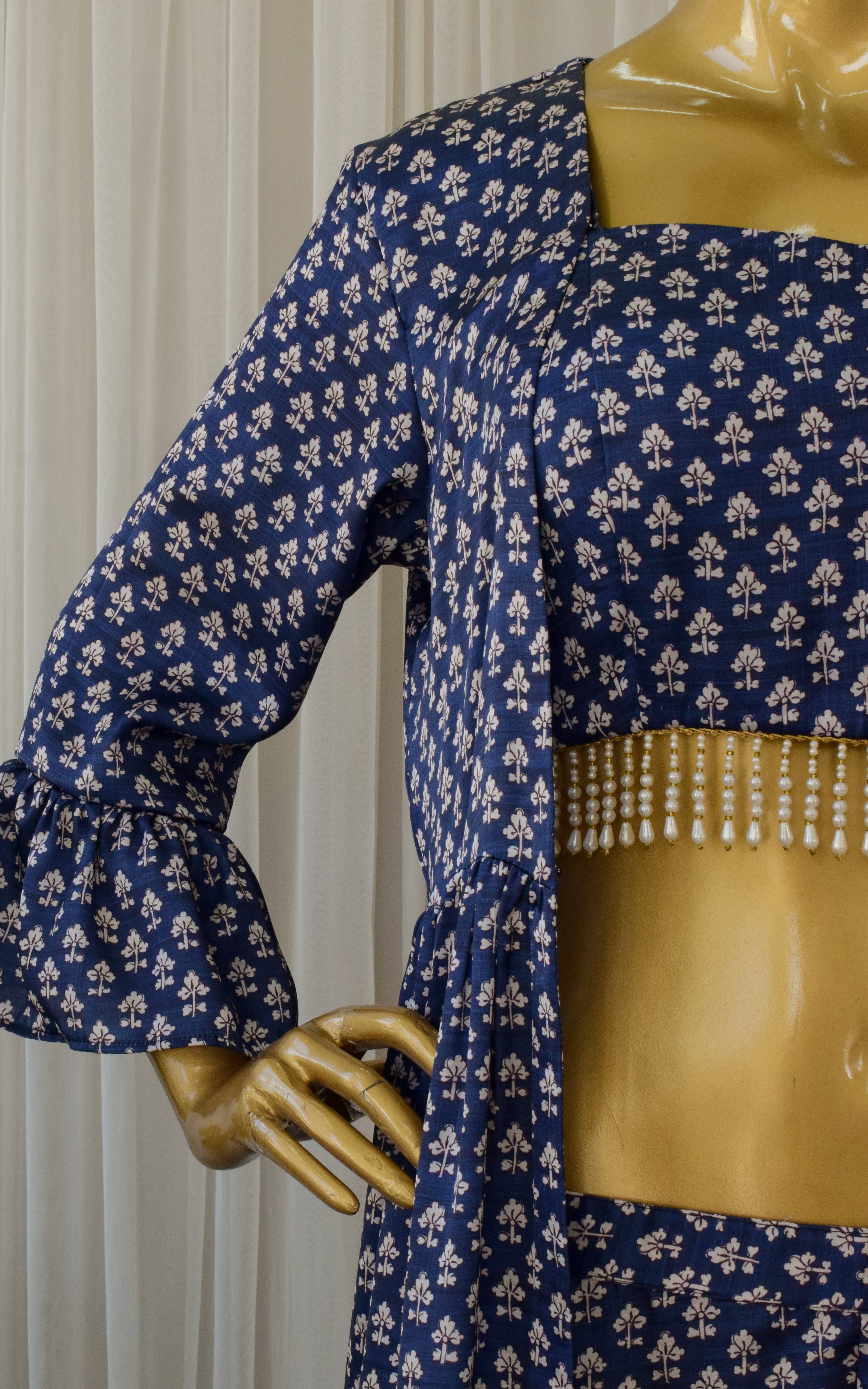 Navy Blue Booti Print Crop Top & Sharara Set