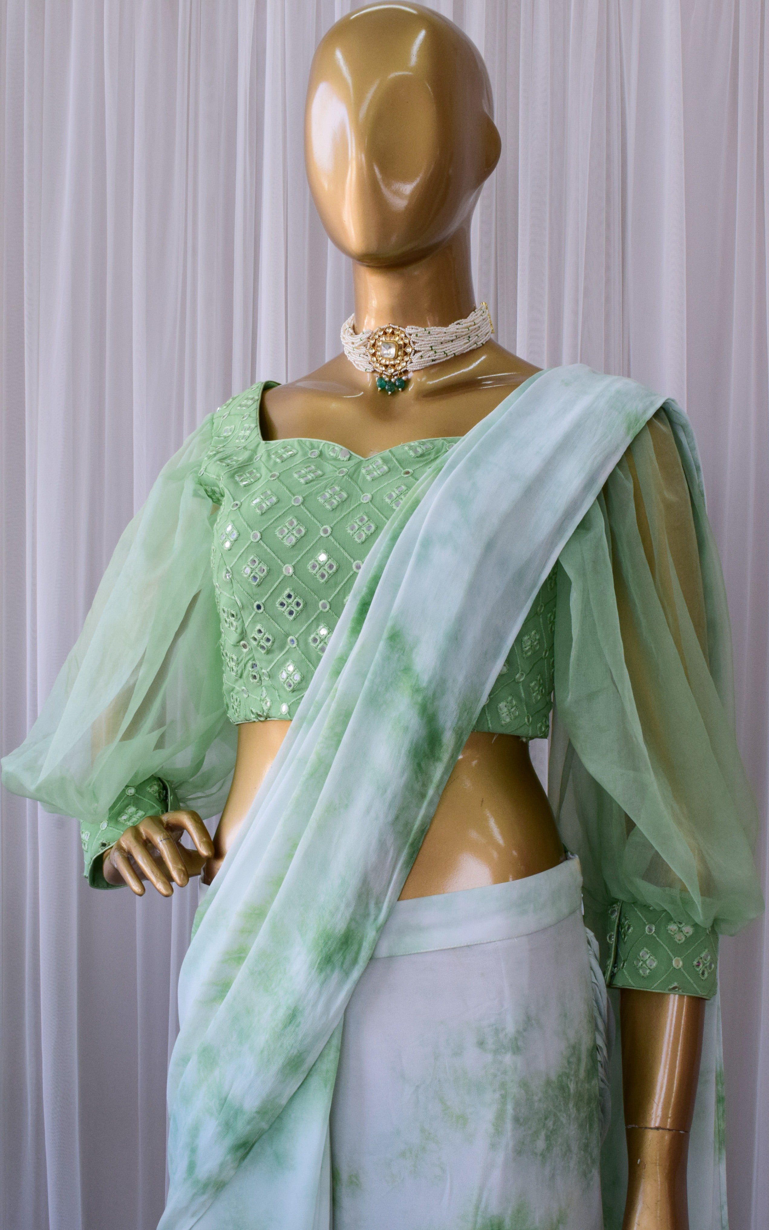 Pastel Green Pre-stitched Shibori Saree