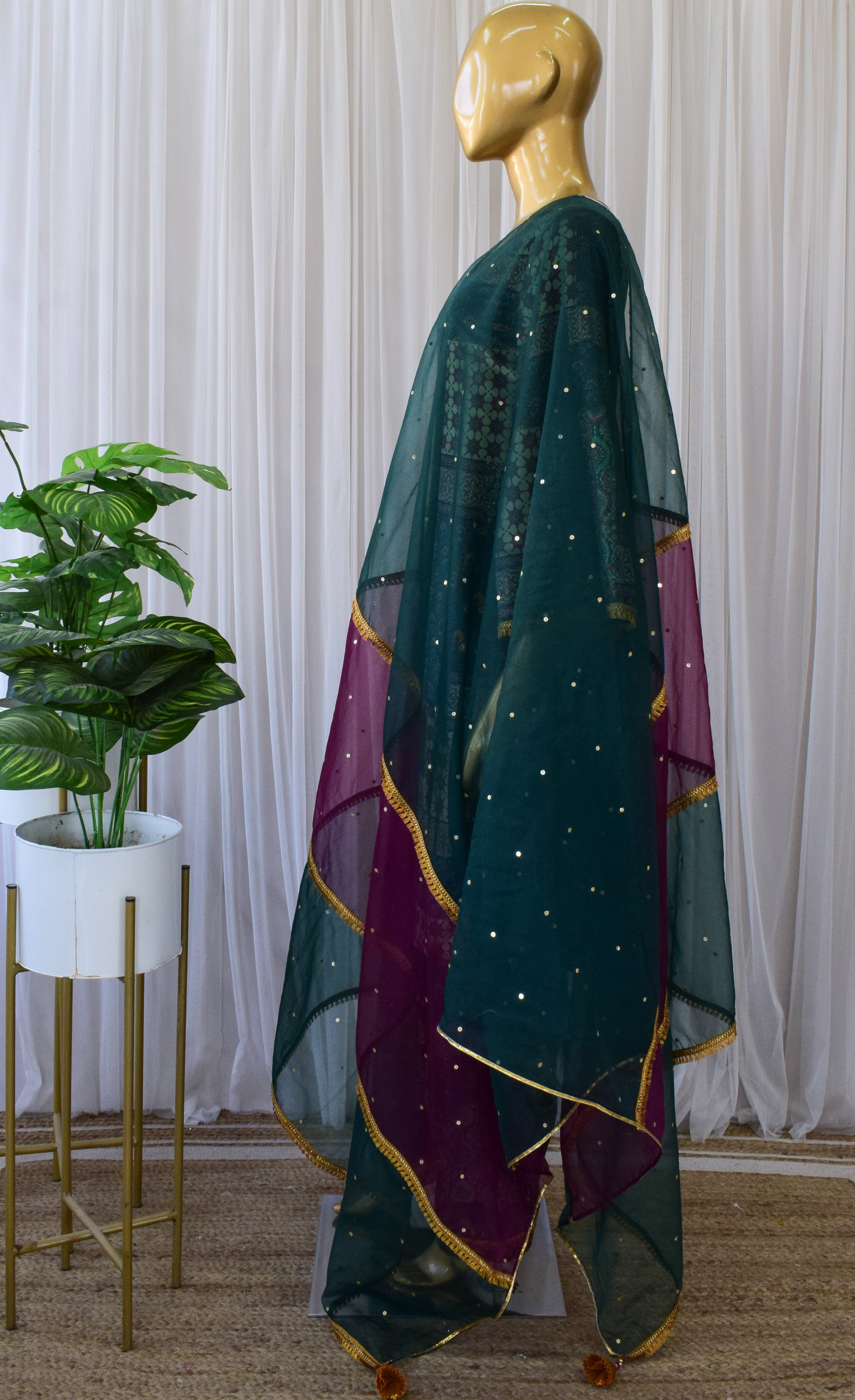 Emerald Green Printed Velvet Suit with Sequin Organza Dupatta