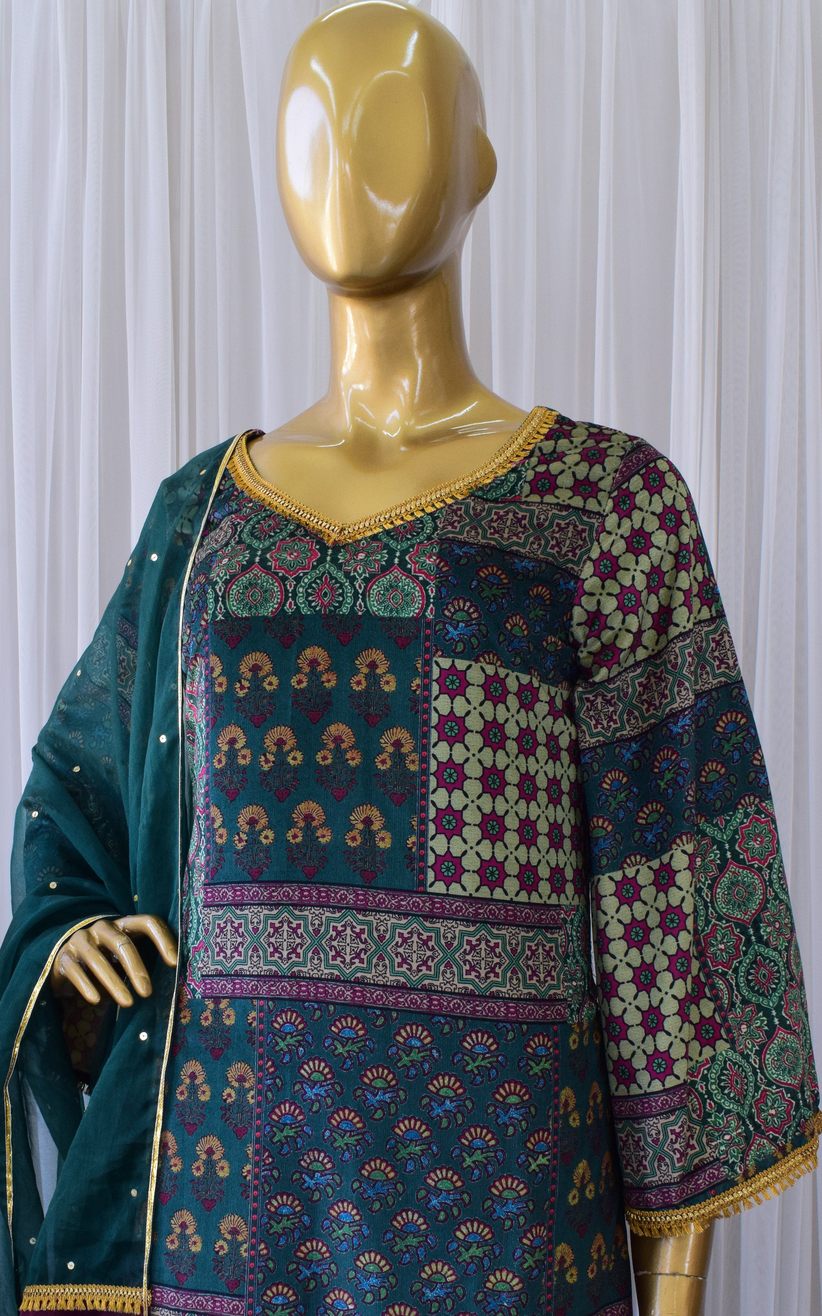 Emerald Green Printed Velvet Suit with Sequin Organza Dupatta