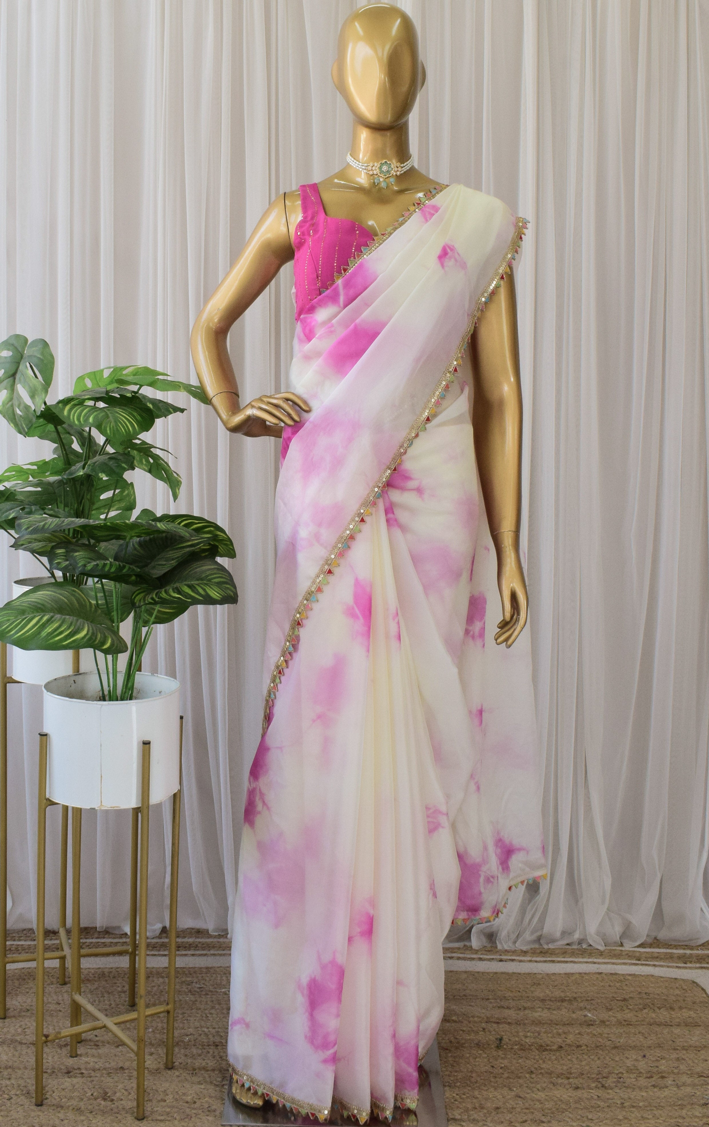 Cream and Pink Shibori Organza Saree