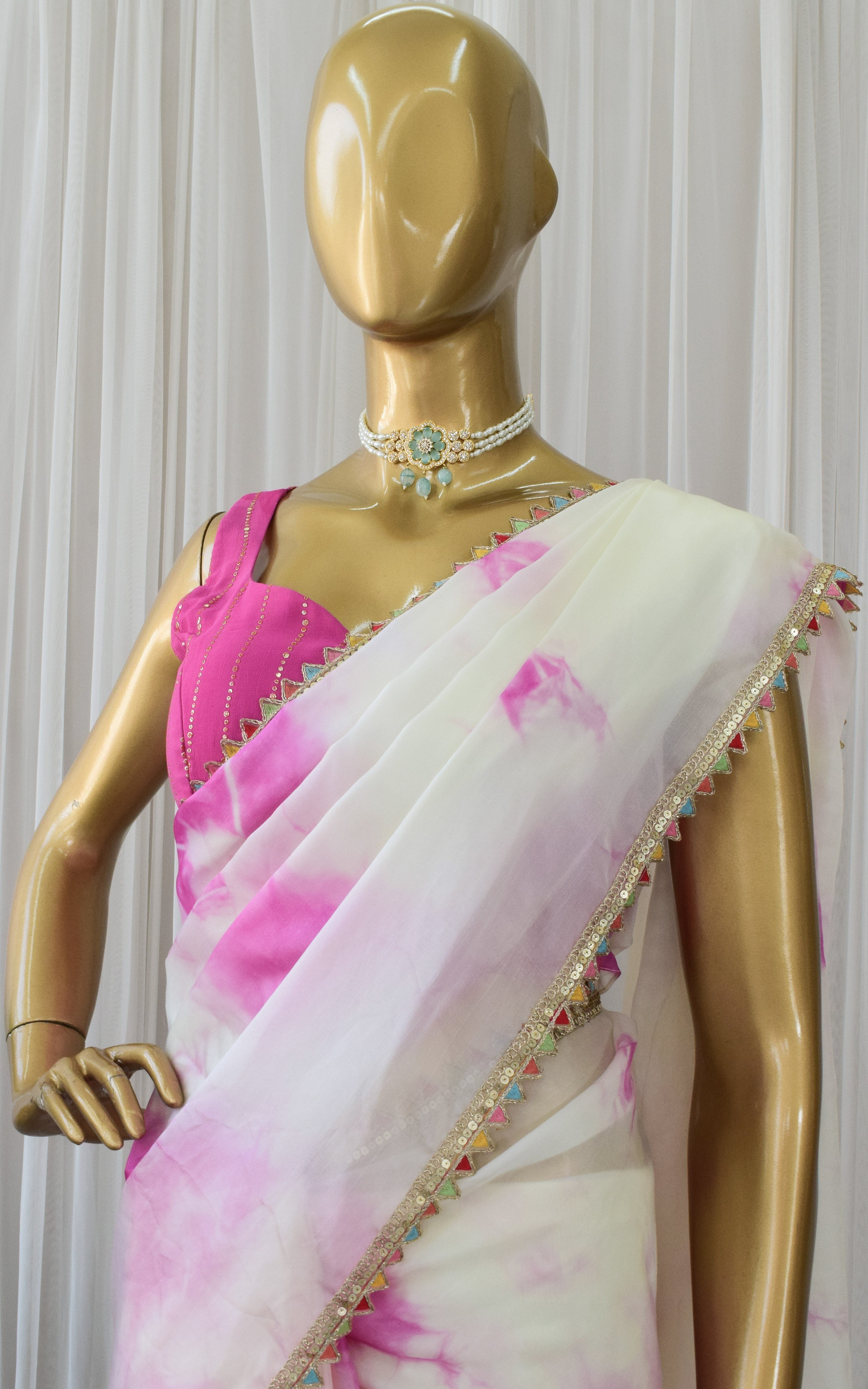 Cream and Pink Shibori Organza Saree