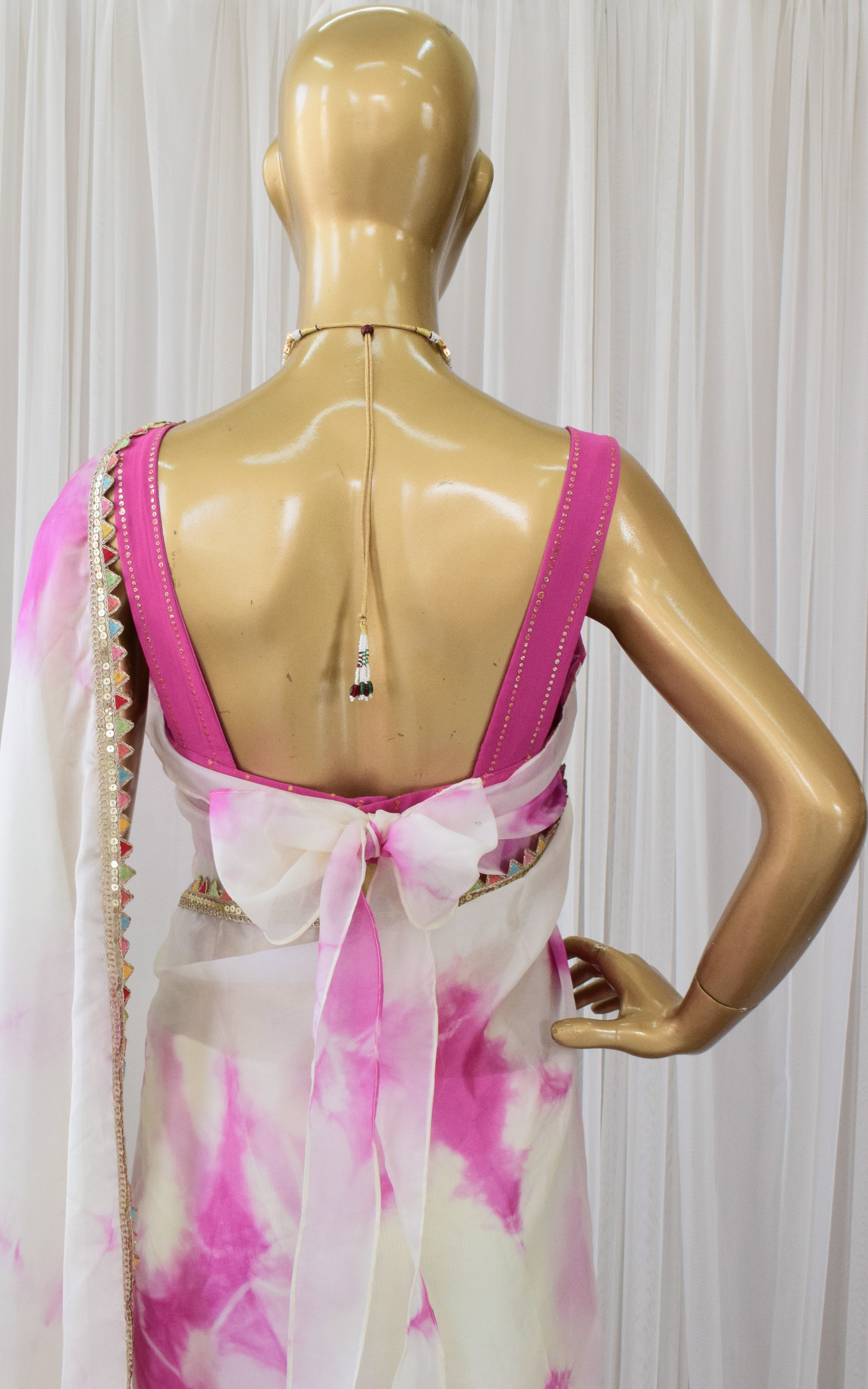 Cream and Pink Shibori Organza Saree