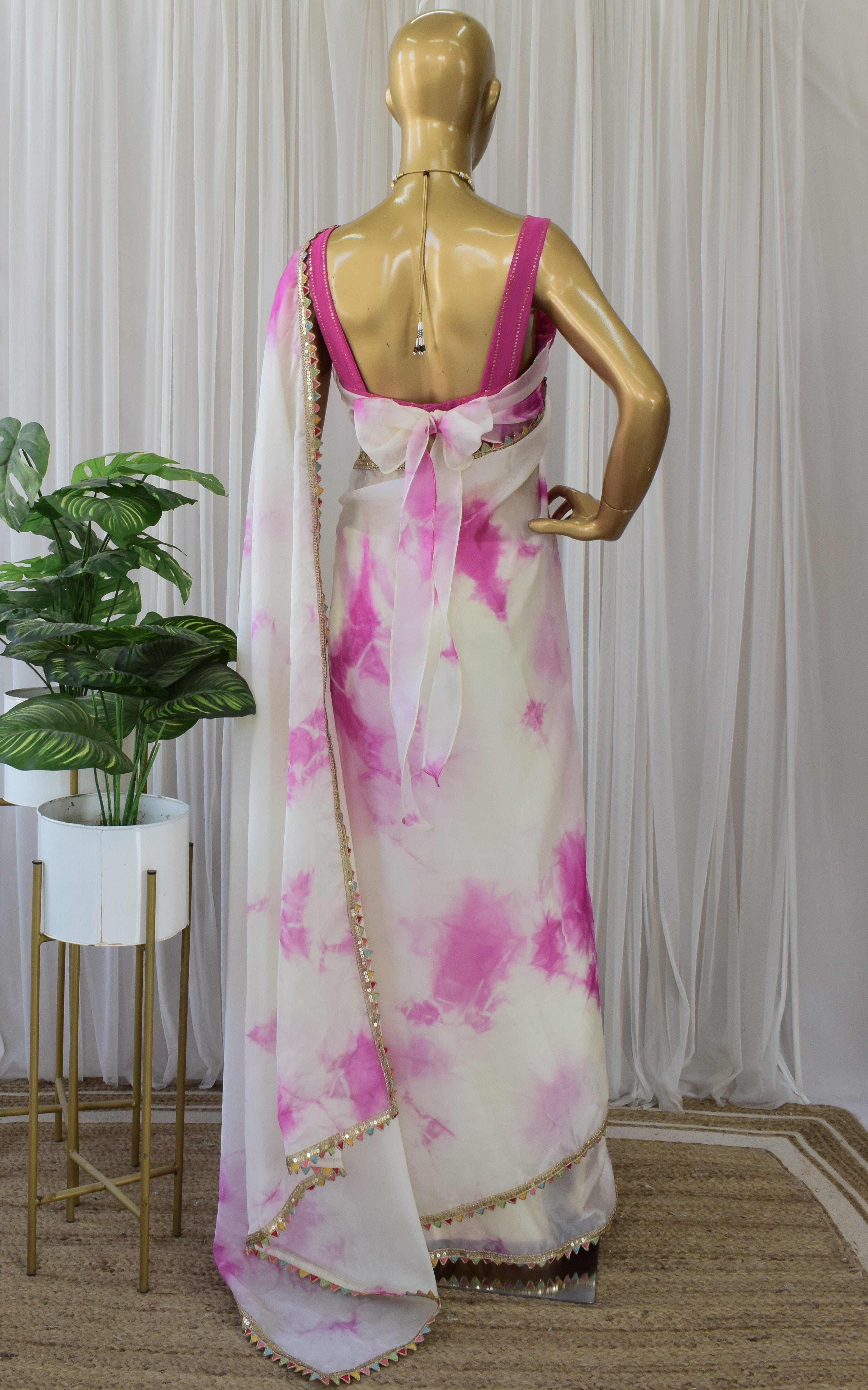 Cream and Pink Shibori Organza Saree
