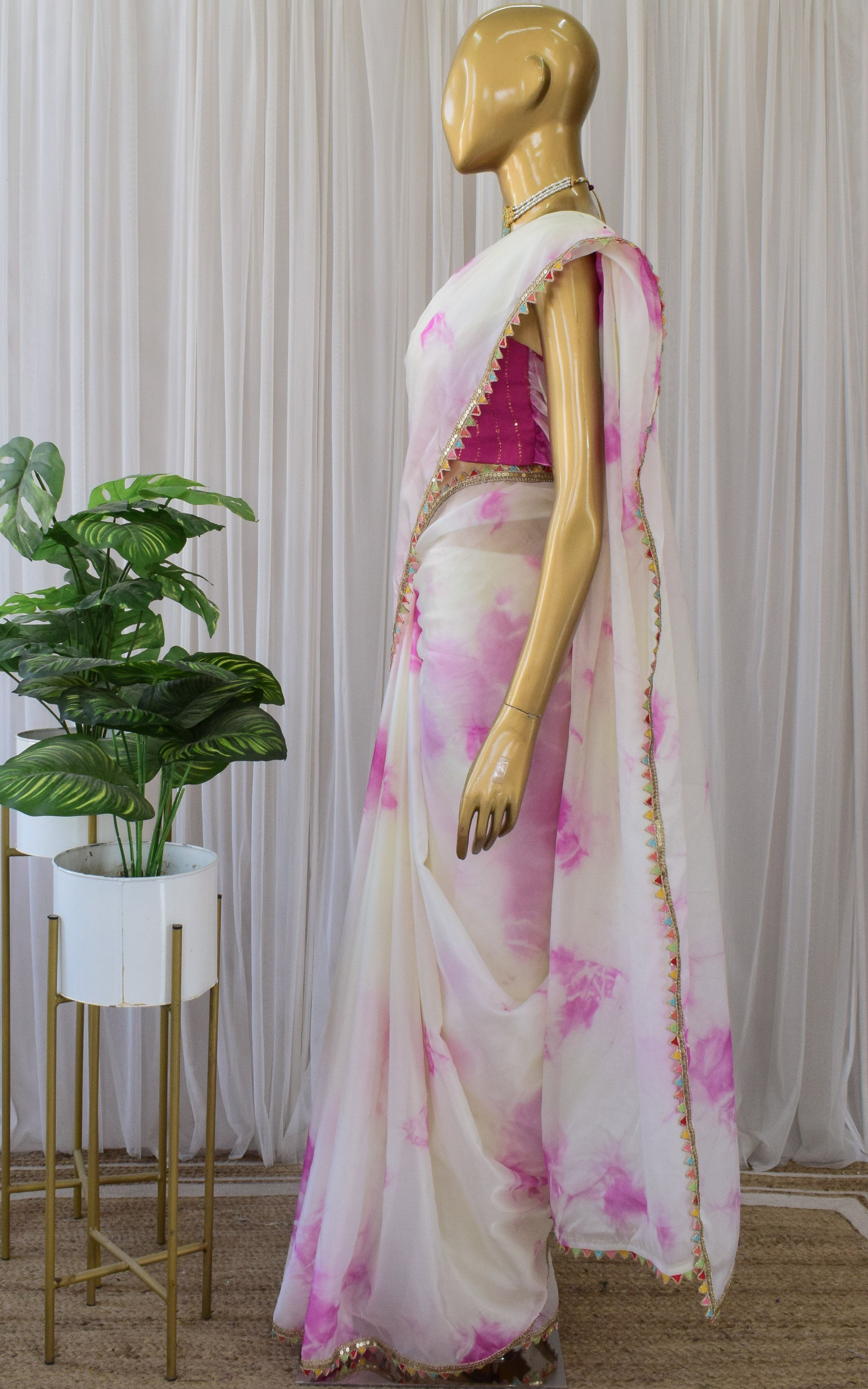 Cream and Pink Shibori Organza Saree