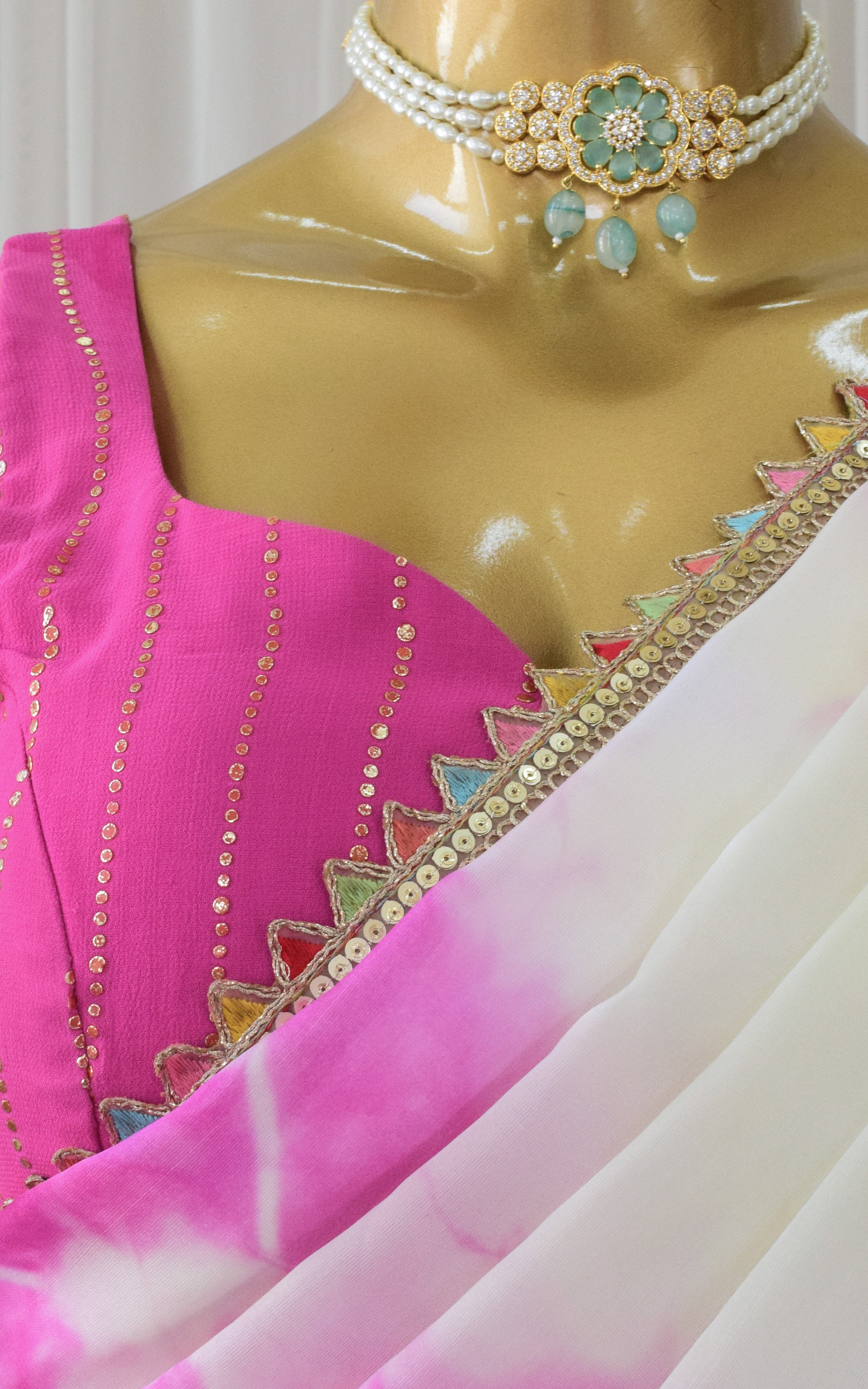 Cream and Pink Shibori Organza Saree