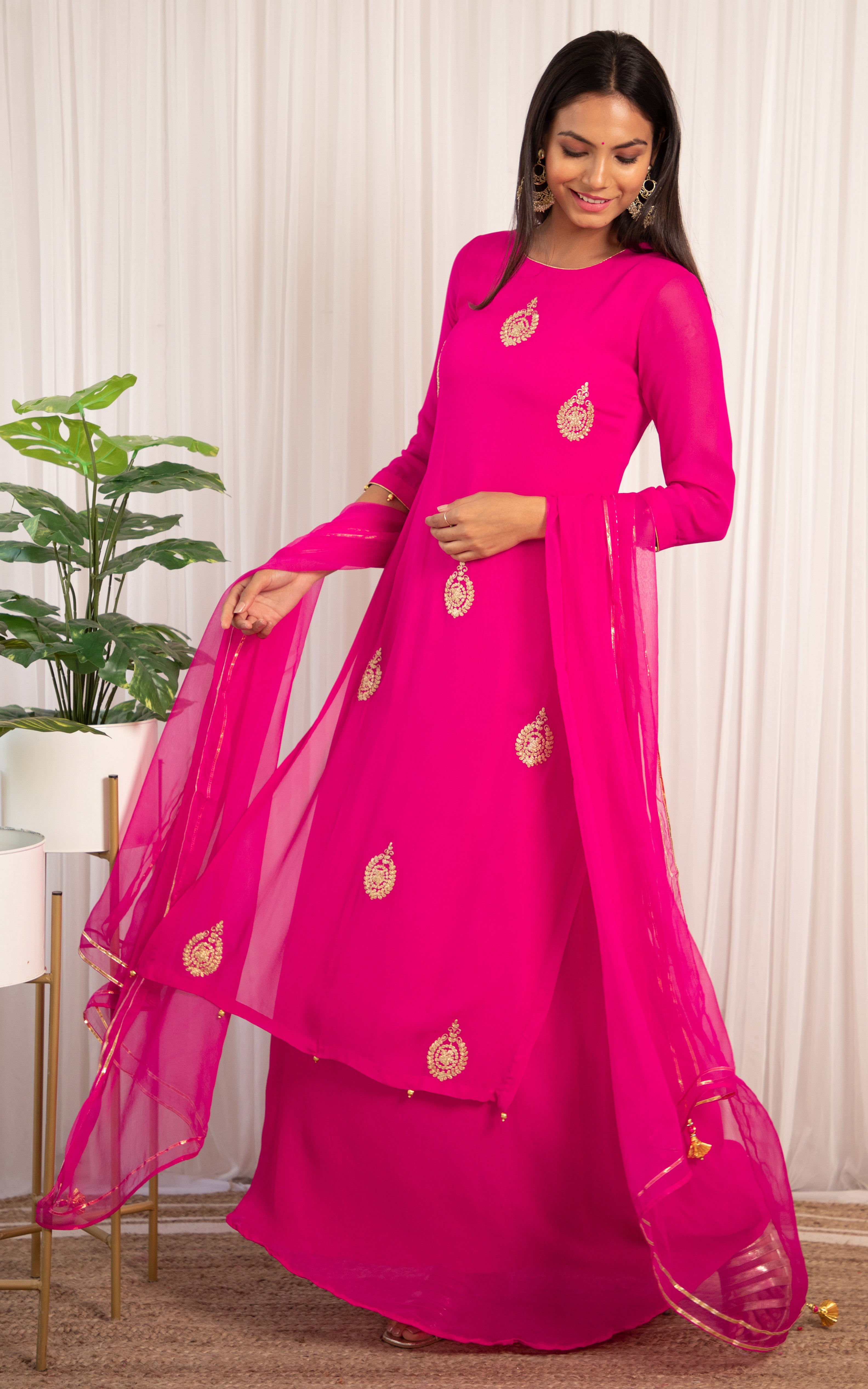 Fuchsia Pittan Dress with Chiffon Dupatta