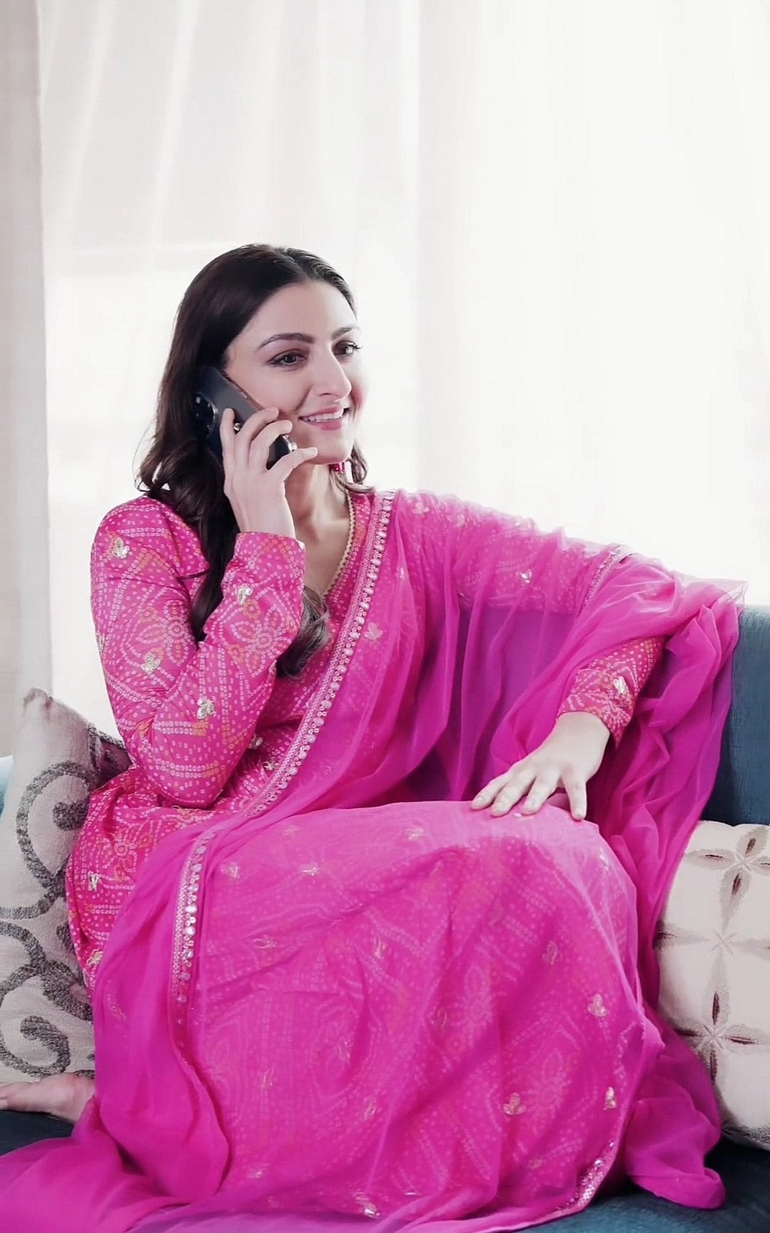 Soha Ali Khan Pink Bandhej Gota Patti Anarkali & Palazzo Set