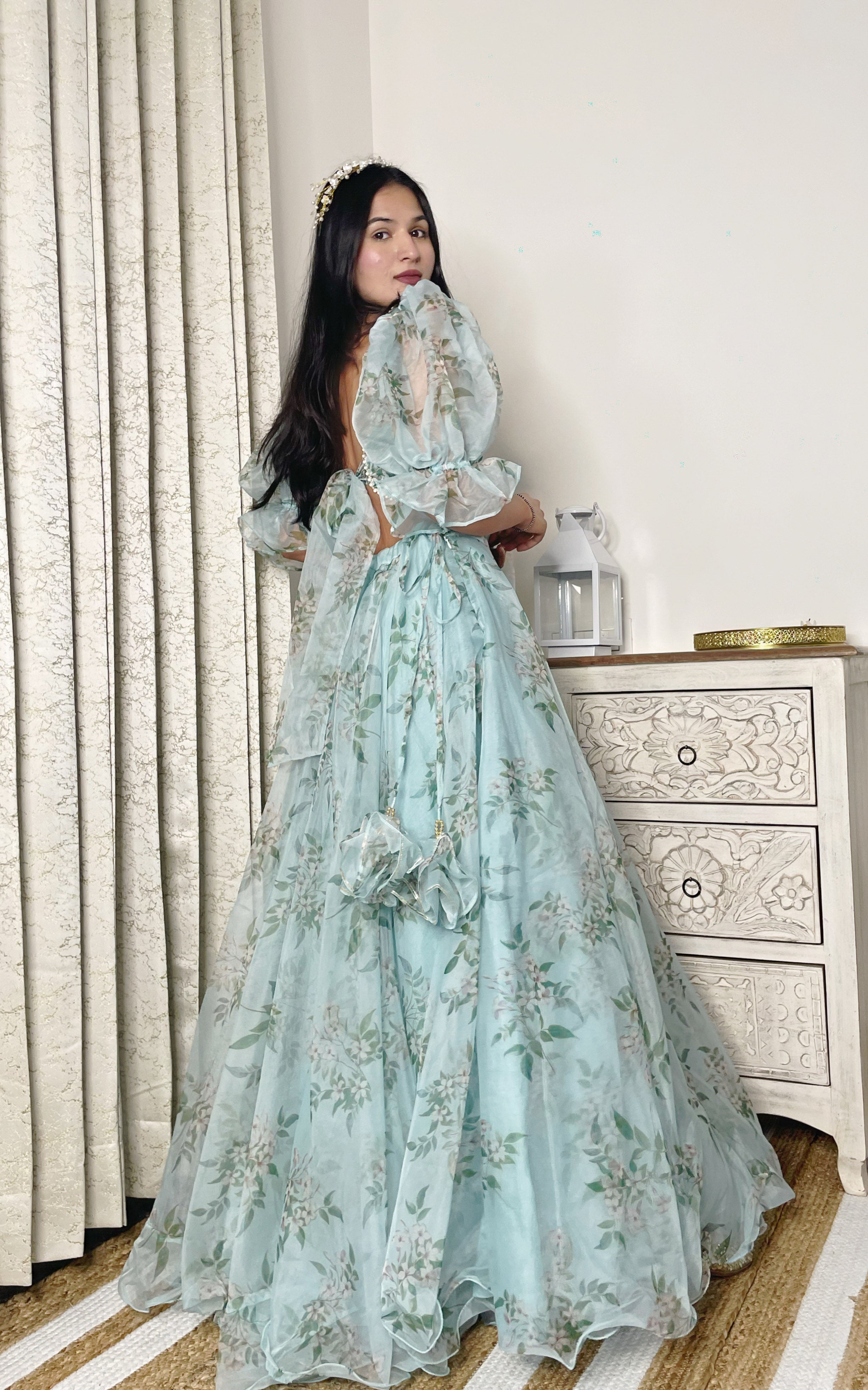 Swati Rathi Powder Blue Floral Mirrorwork Lehenga