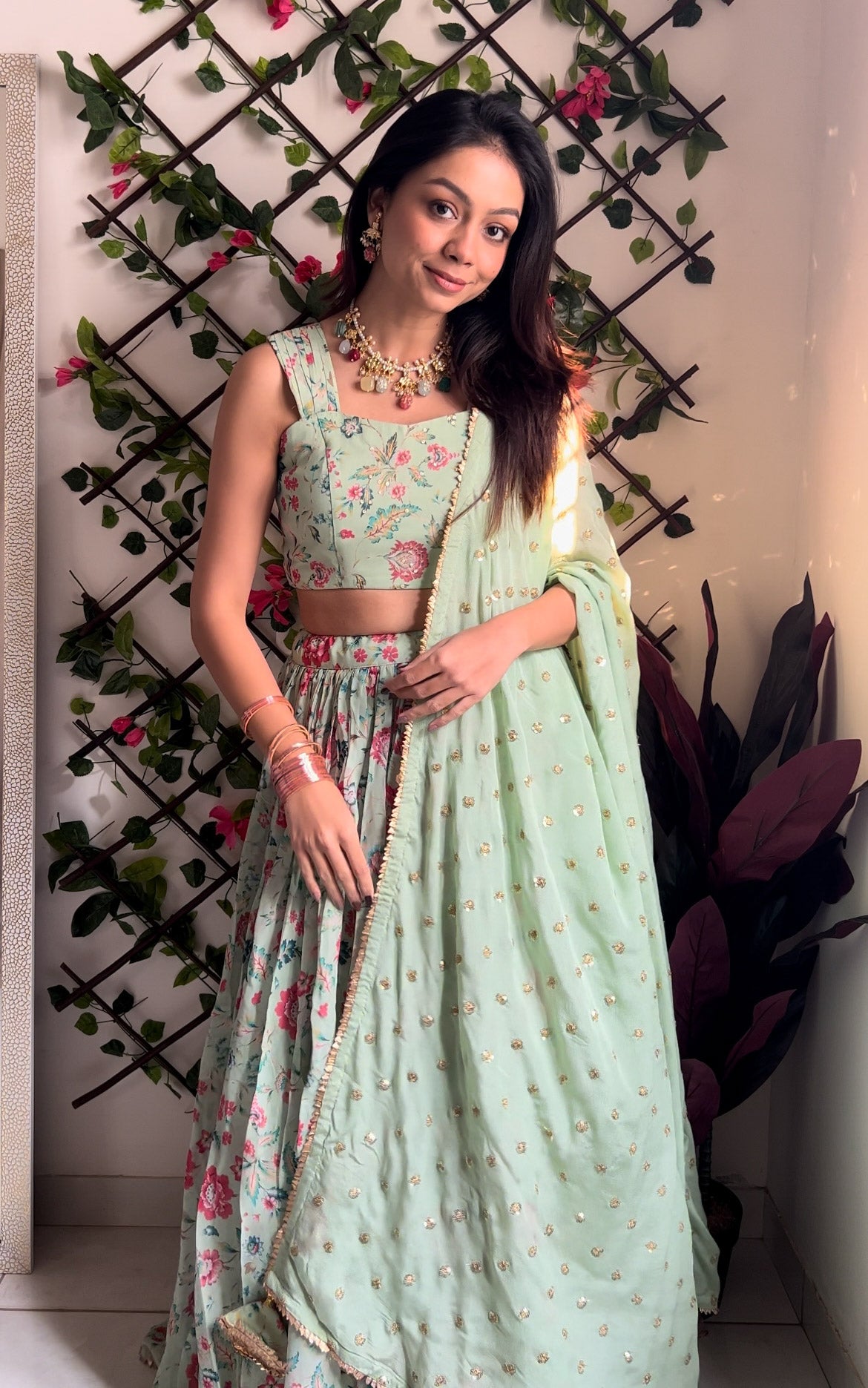 Pranali Sage Green Handwork Floral Printed Georgette Lehenga