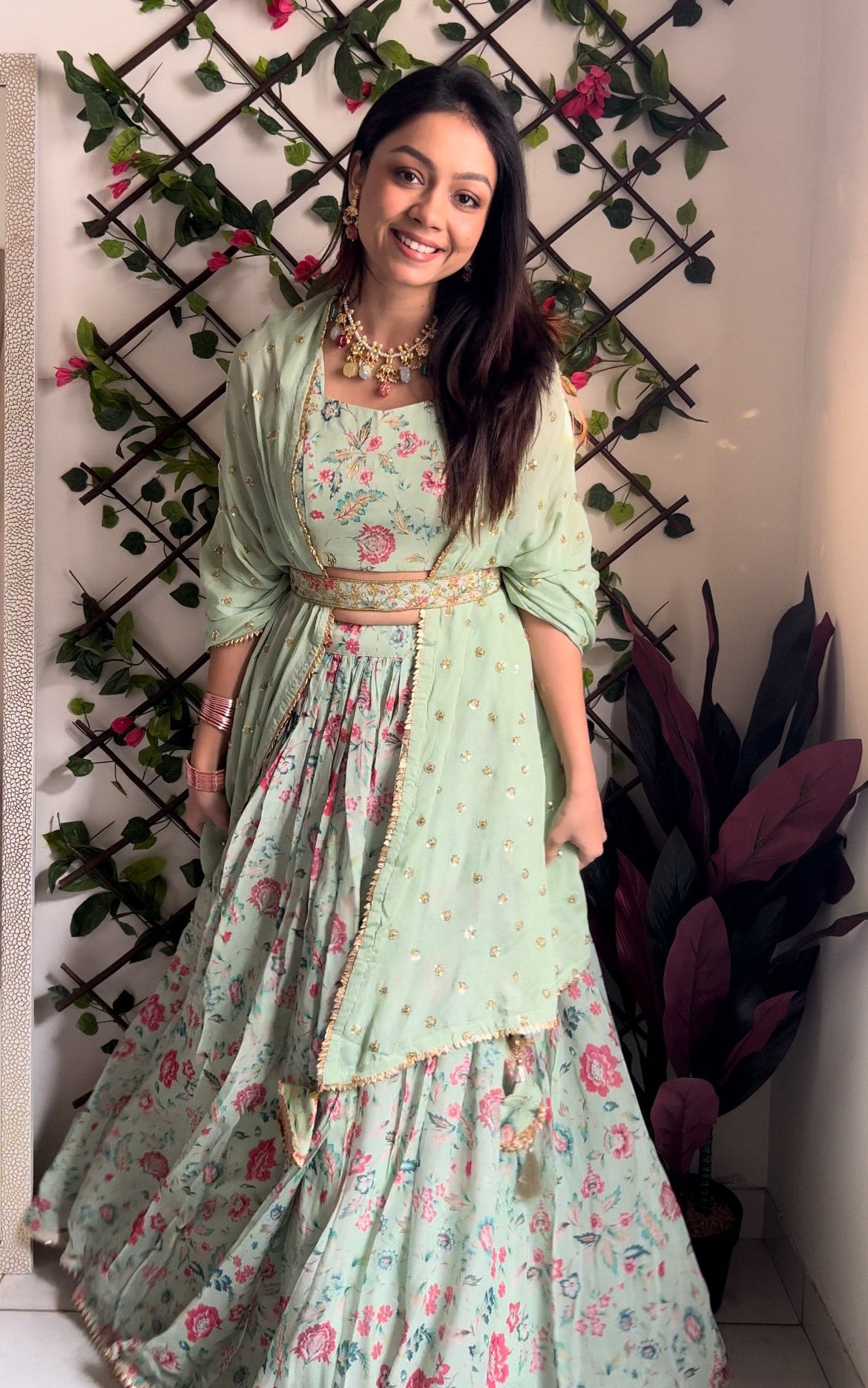 Pranali Sage Green Handwork Floral Printed Georgette Lehenga